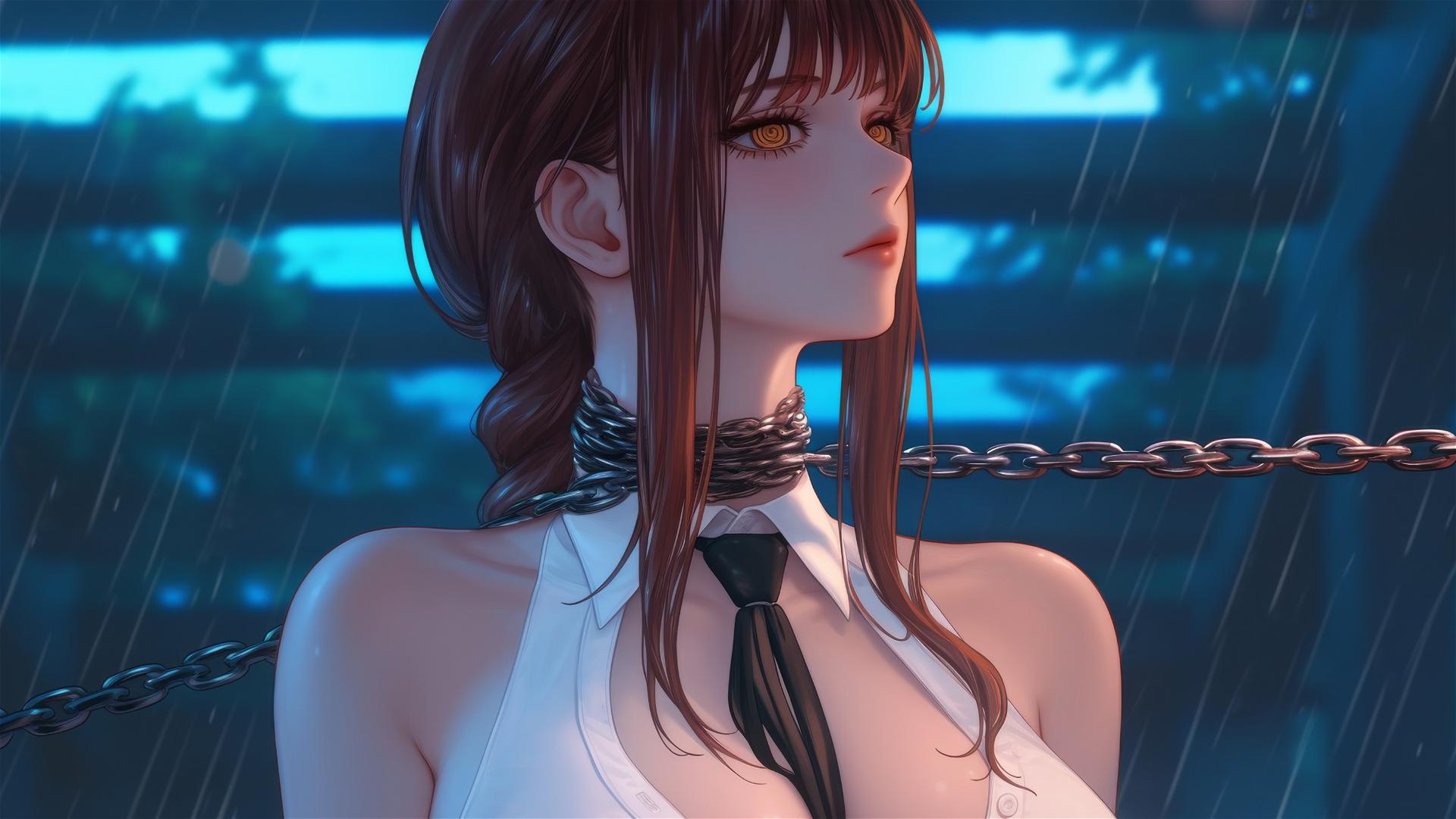 Makima from Chainsaw Man in dark basement with iron chains