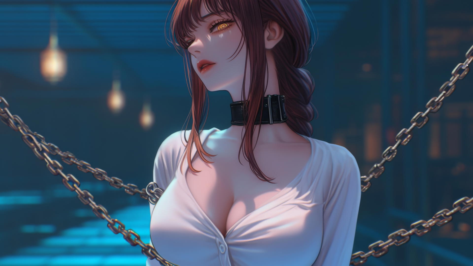 Makima from Chainsaw Man locked with iron chains in a dimly lit basement.