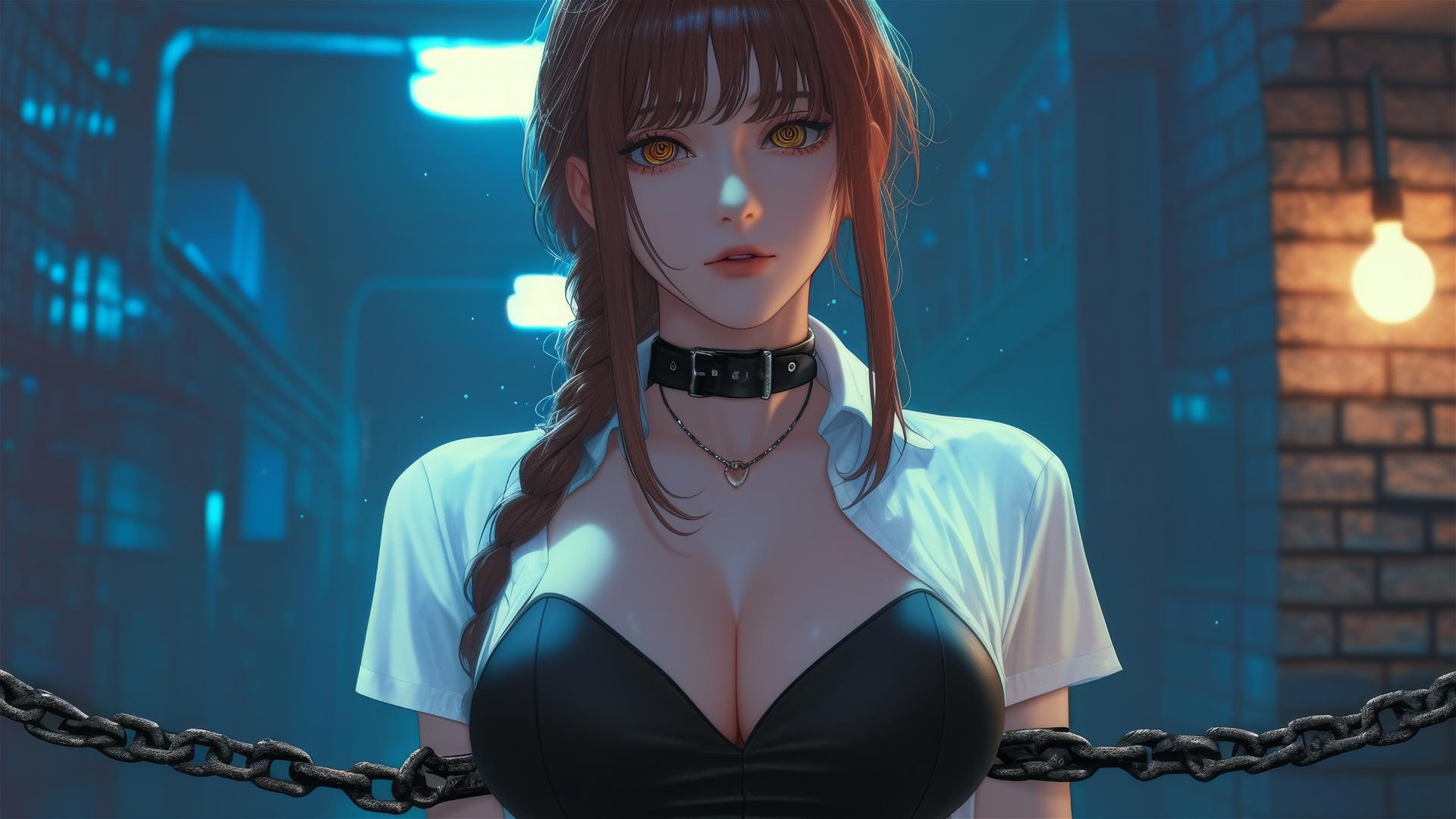 Makima from Chainsaw Man with neck locked by thick iron chains in a dimly lit basement.