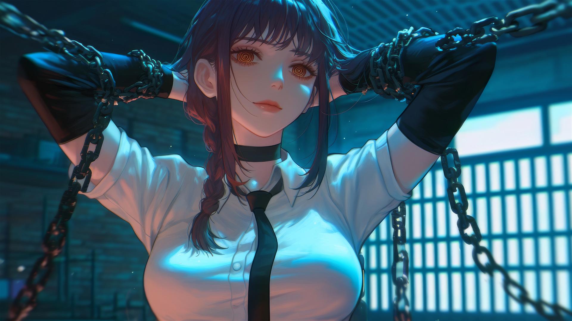 Makima from Chainsaw Man, neck locked with iron chains, in a dimly lit basement