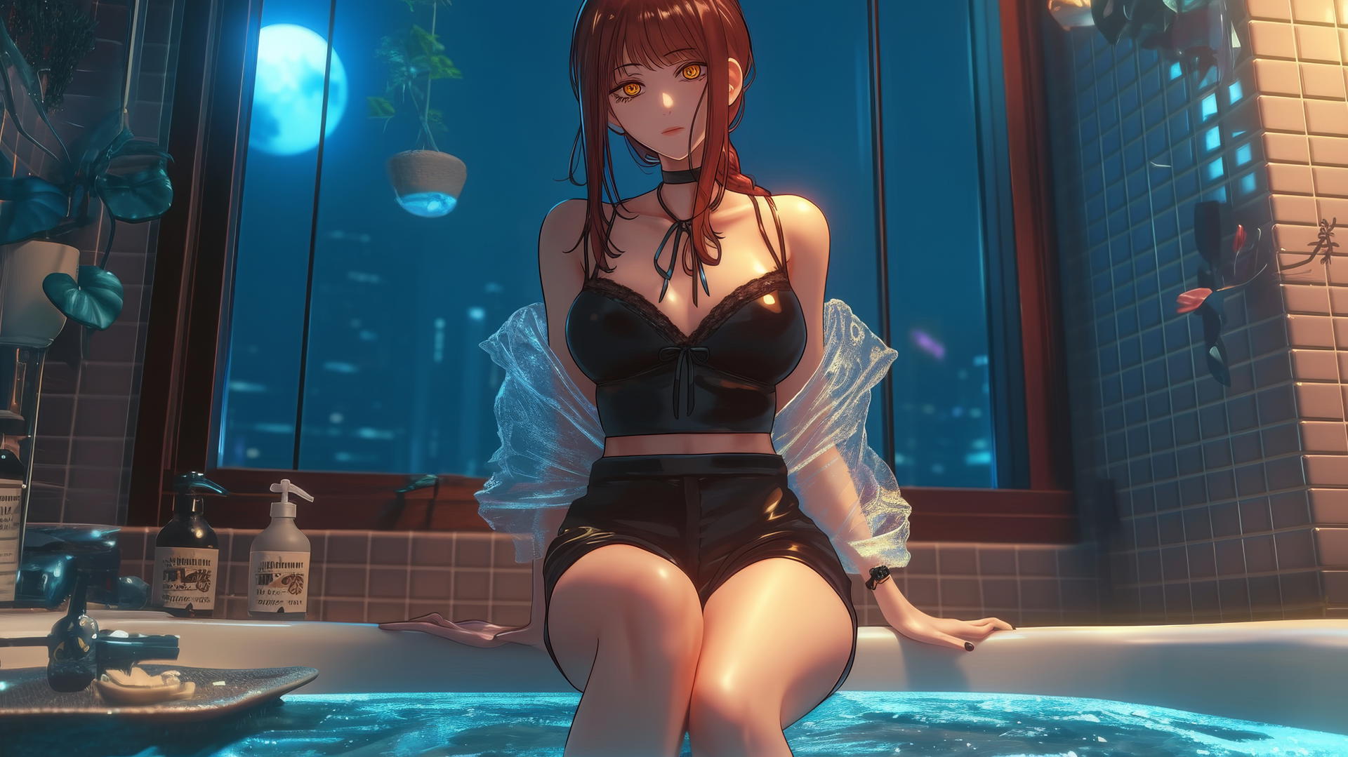 Makima from Chainsaw Man jumping out of a tub, bathed in moonlight.