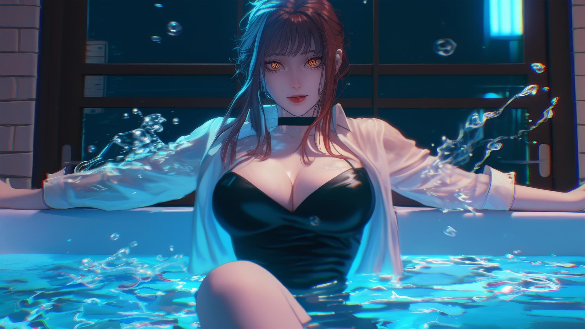 Makima from Chainsaw Man jumping out of a tub with moonlight casting a soft glow.