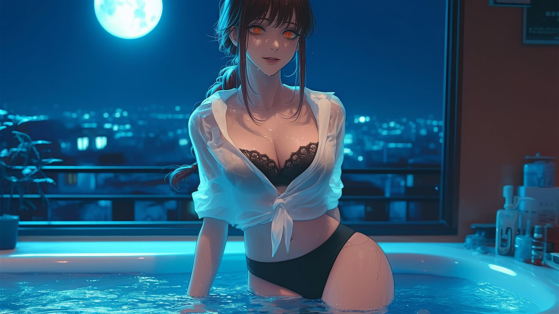 Makima from Chainsaw Man jumping out of a tub, moonlight softly glowing on her.