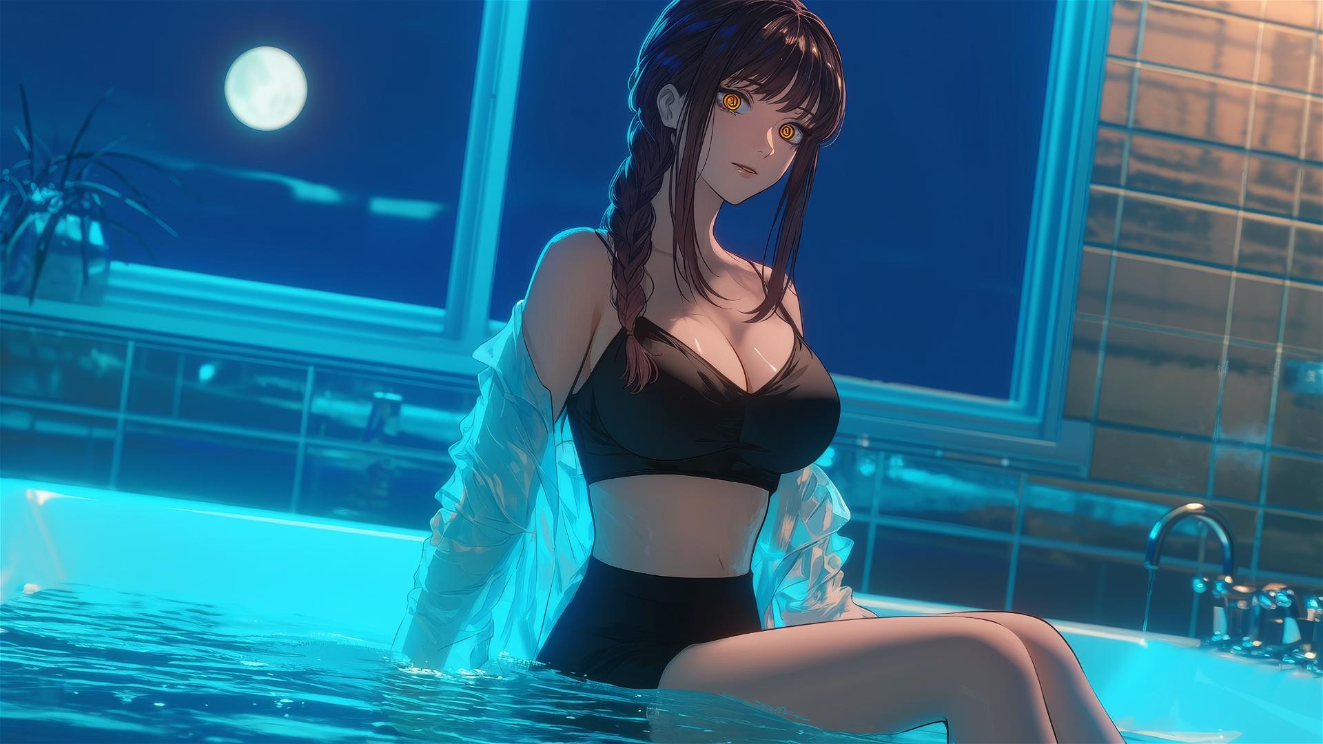 Makima from Chainsaw Man jumping out of a tub, bathed in moonlight