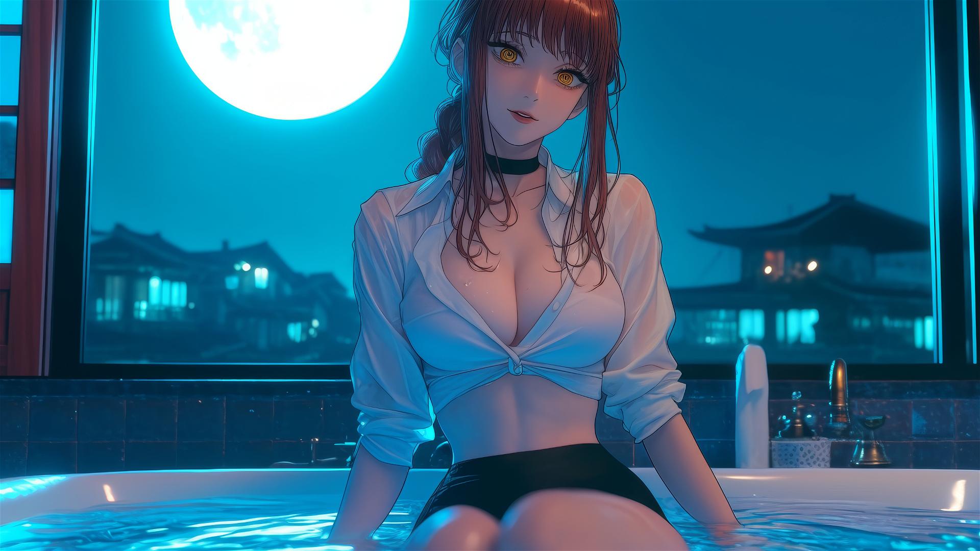 Makima from Chainsaw Man jumping out of a tub, illuminated by moonlight.