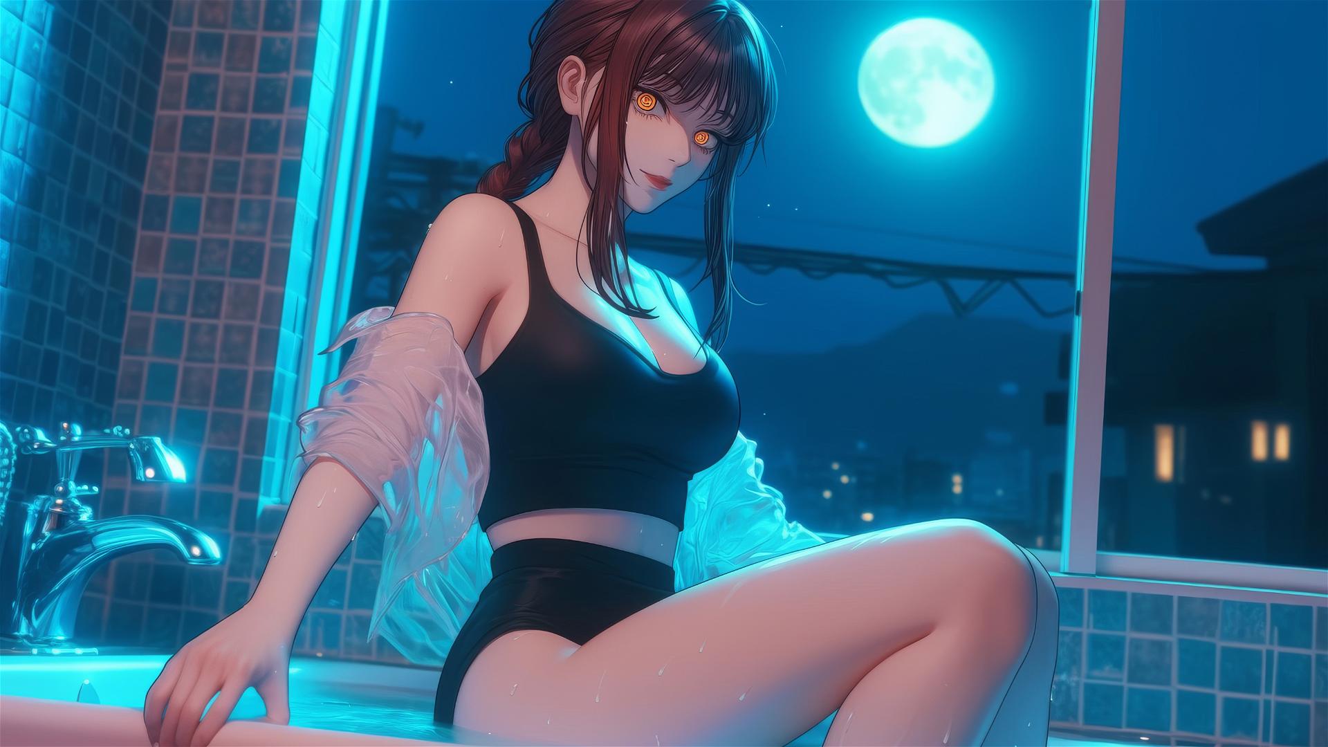 Makima from Chainsaw Man jumping out of tub with moonlight glow