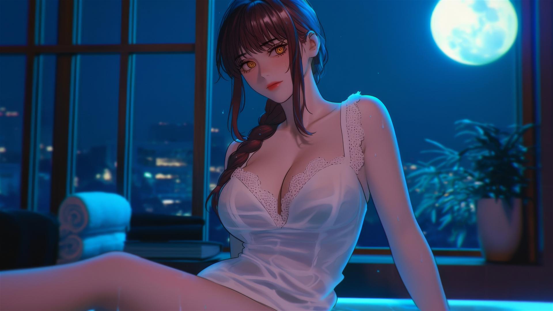 Makima from Chainsaw Man exits tub under moonlit glow