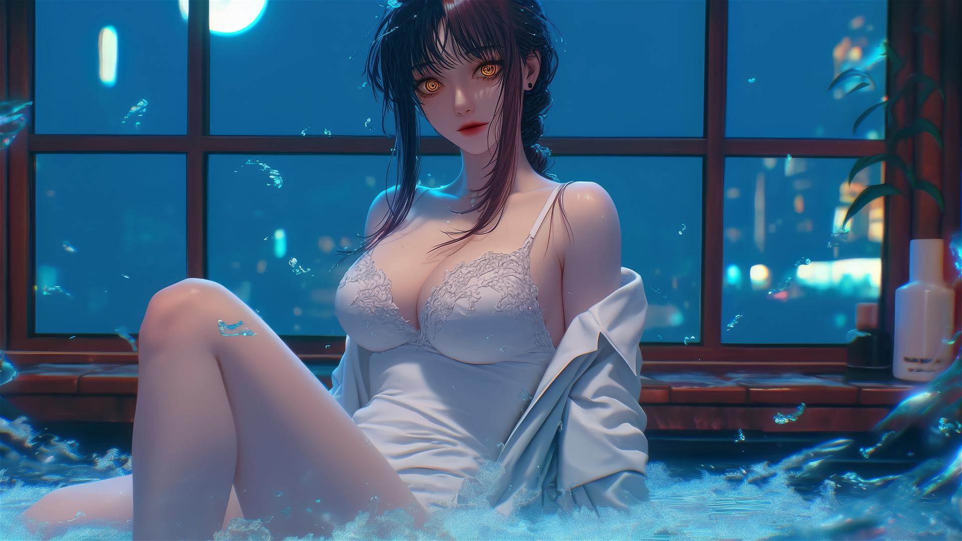 Makima from Chainsaw Man jumping out of a tub with moonlight glow