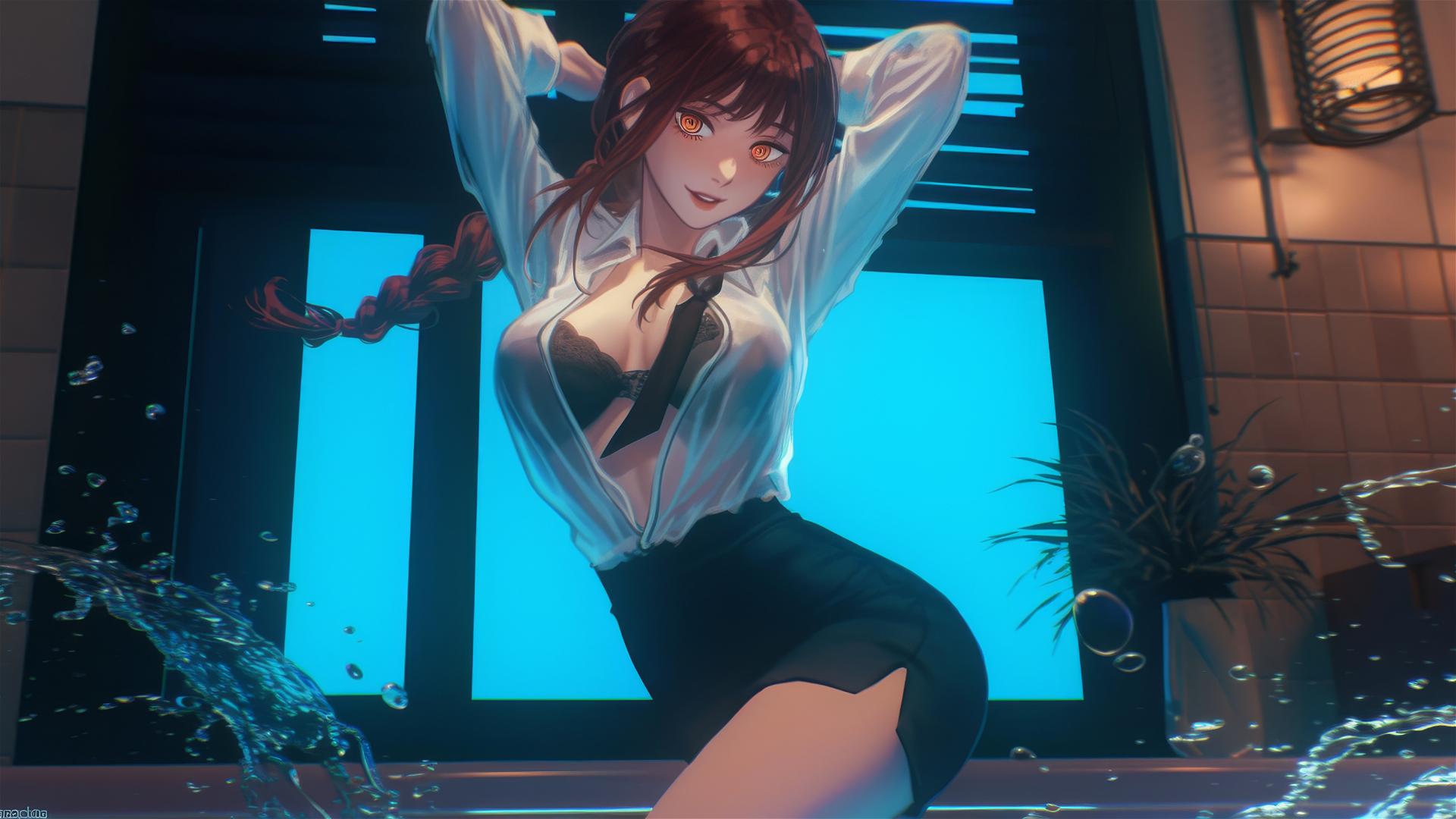 Makima from Chainsaw Man jumping out of a tub, moonlight glow