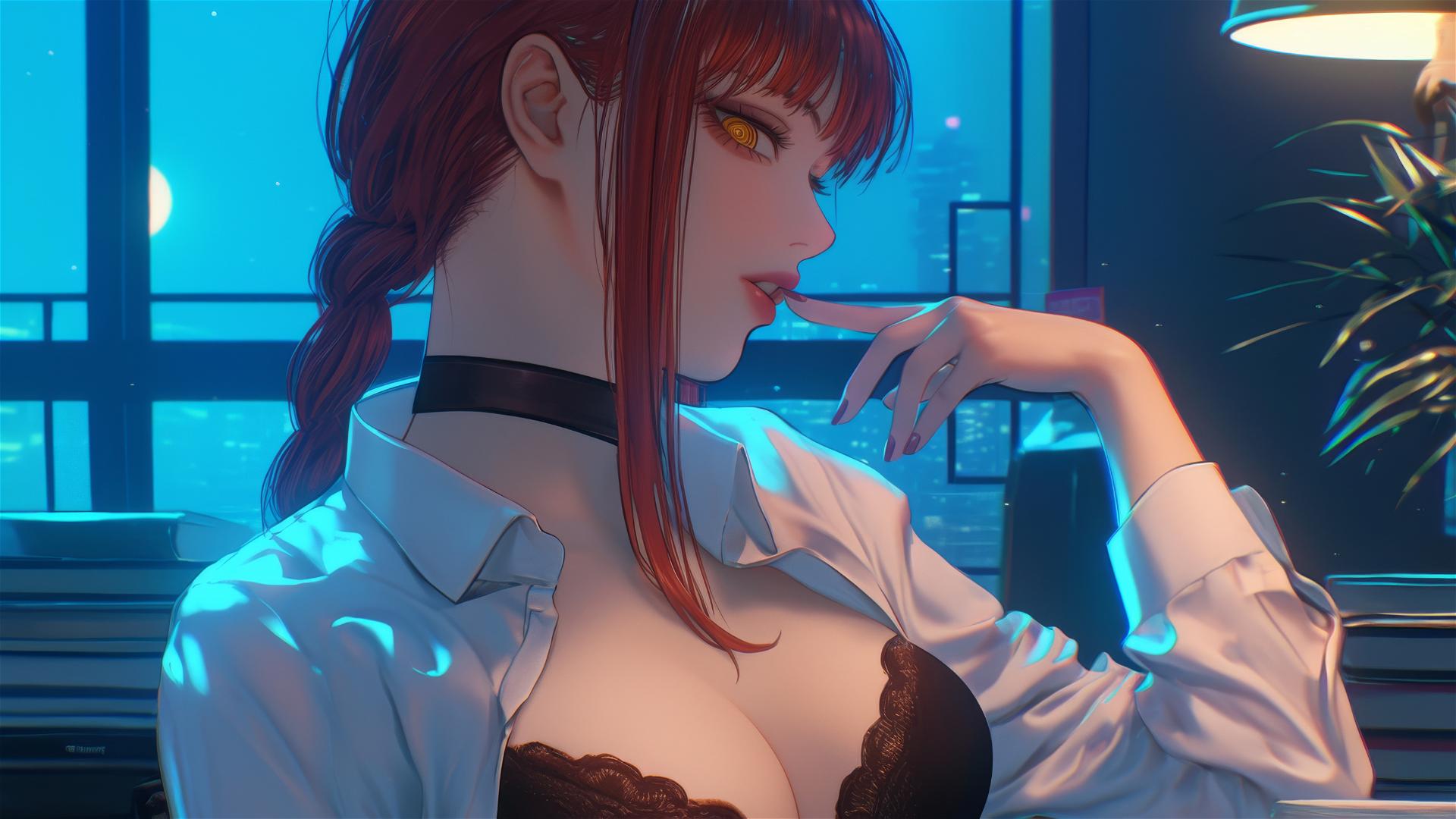 Makima from Chainsaw Man biting fingers, moonlight glow