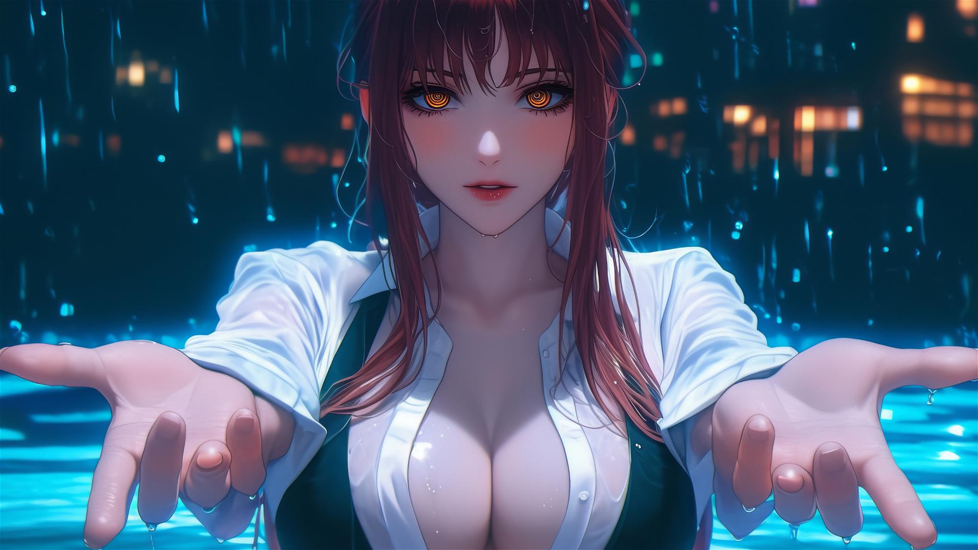 Makima from Chainsaw Man biting fingers under moonlight glow