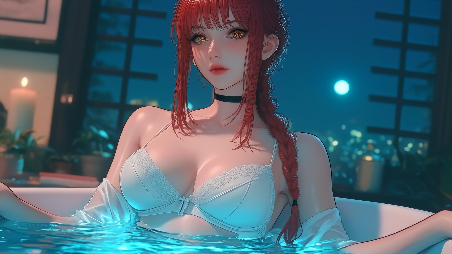 Makima from Chainsaw Man in a tub with moonlight