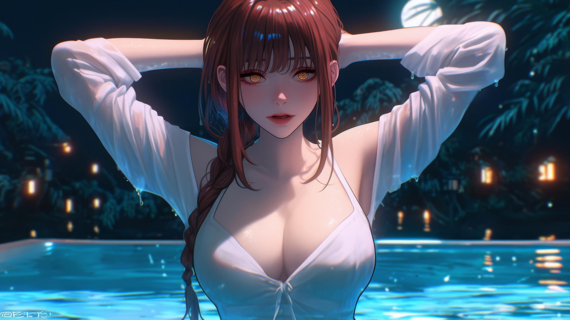 Makima from Chainsaw Man jumping out of a tub in her apartment with moonlight glow