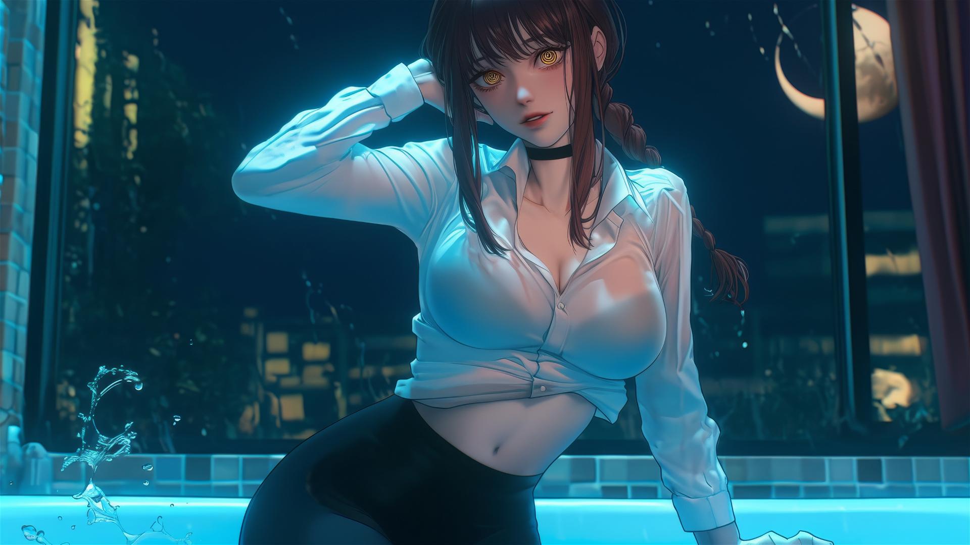 Makima from Chainsaw Man leaps from a tub under moonlit glow