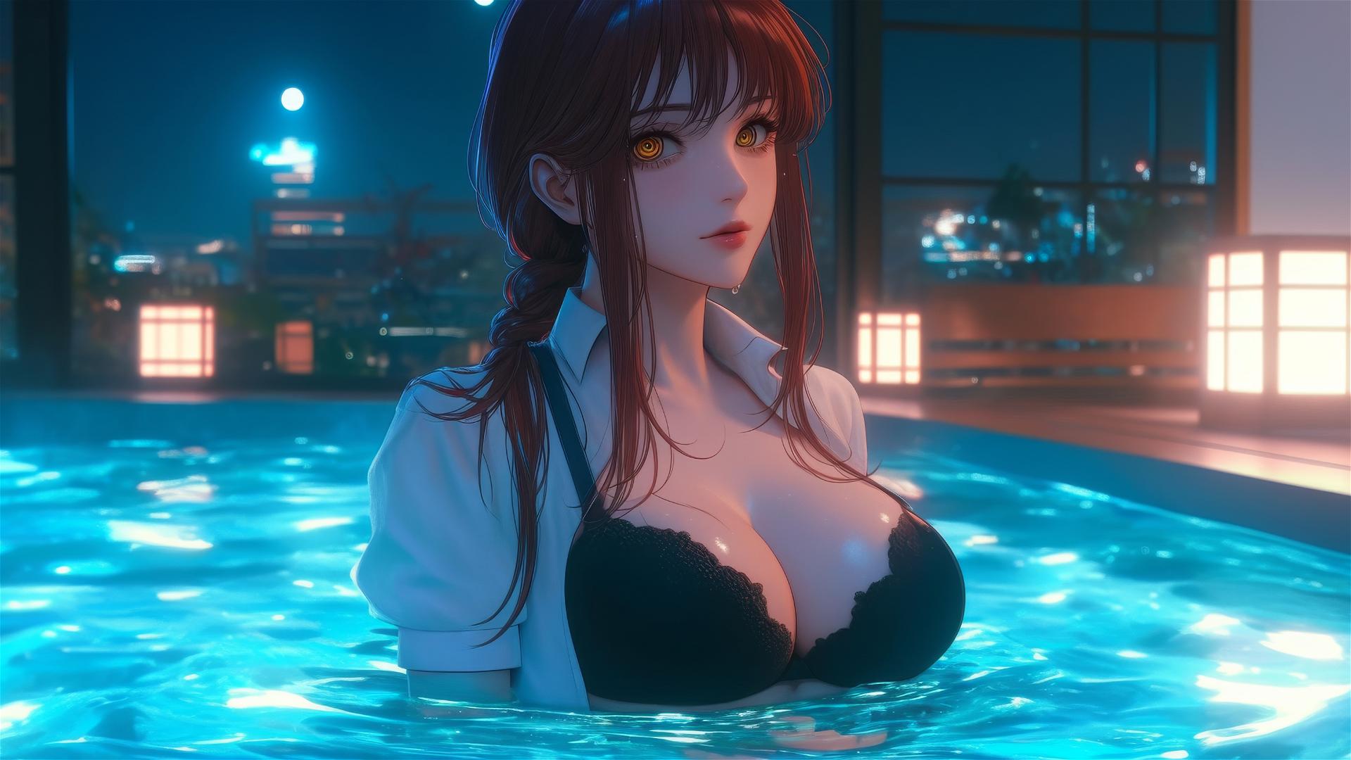 Makima from Chainsaw Man in a bathtub with moonlight casting a soft glow
