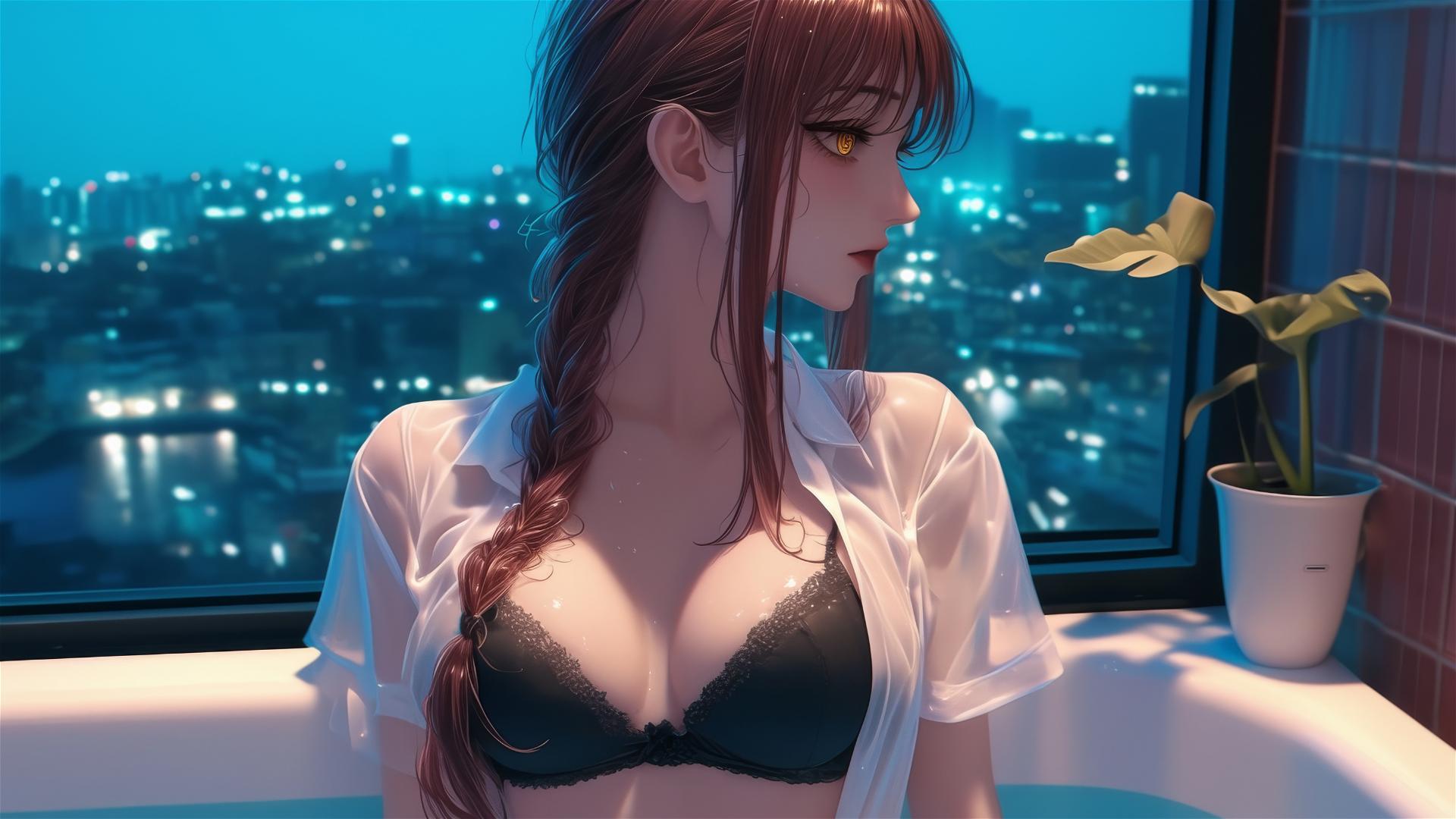 Makima from Chainsaw Man, in a tub with moonlight glow