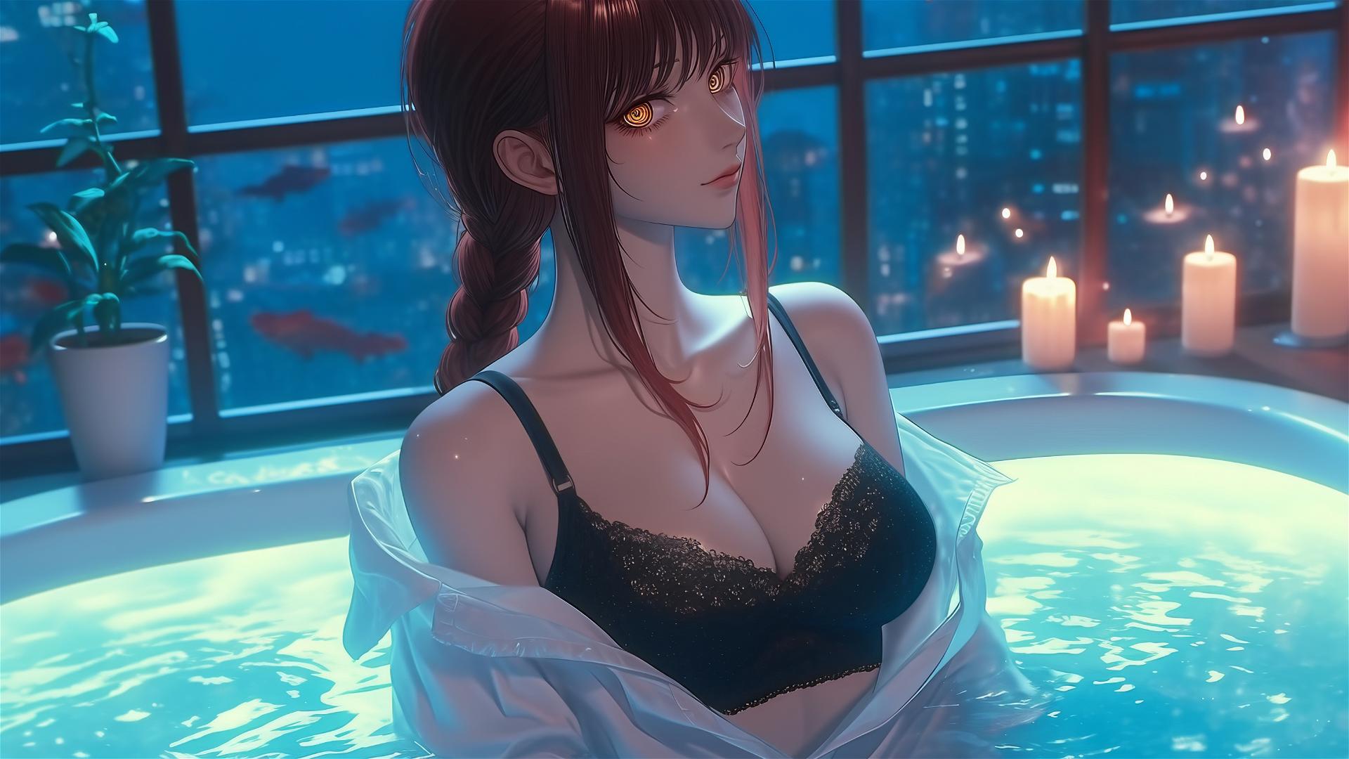 Makima from Chainsaw Man in a tub under moonlight with an ambiguous atmosphere