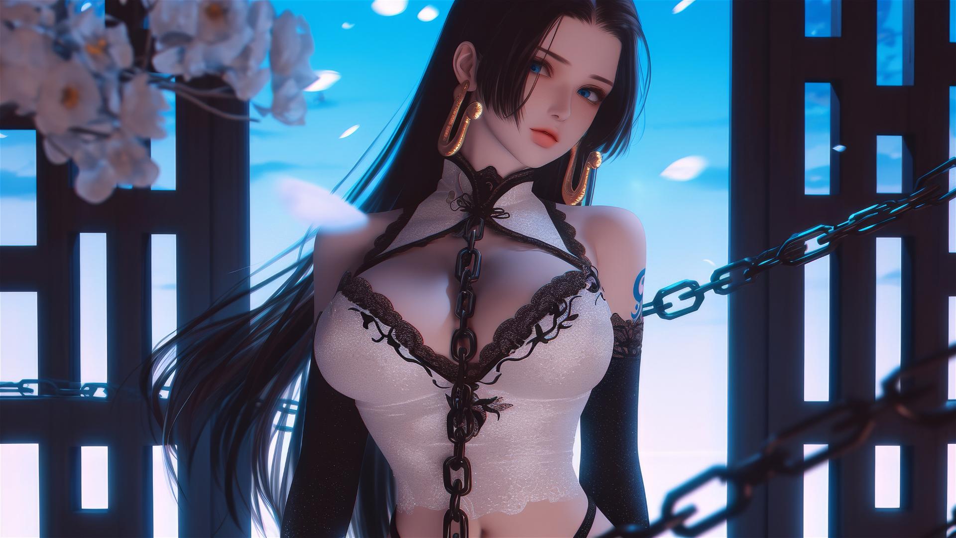 Boa Hancock bound by chains in a neon-lit hotel room
