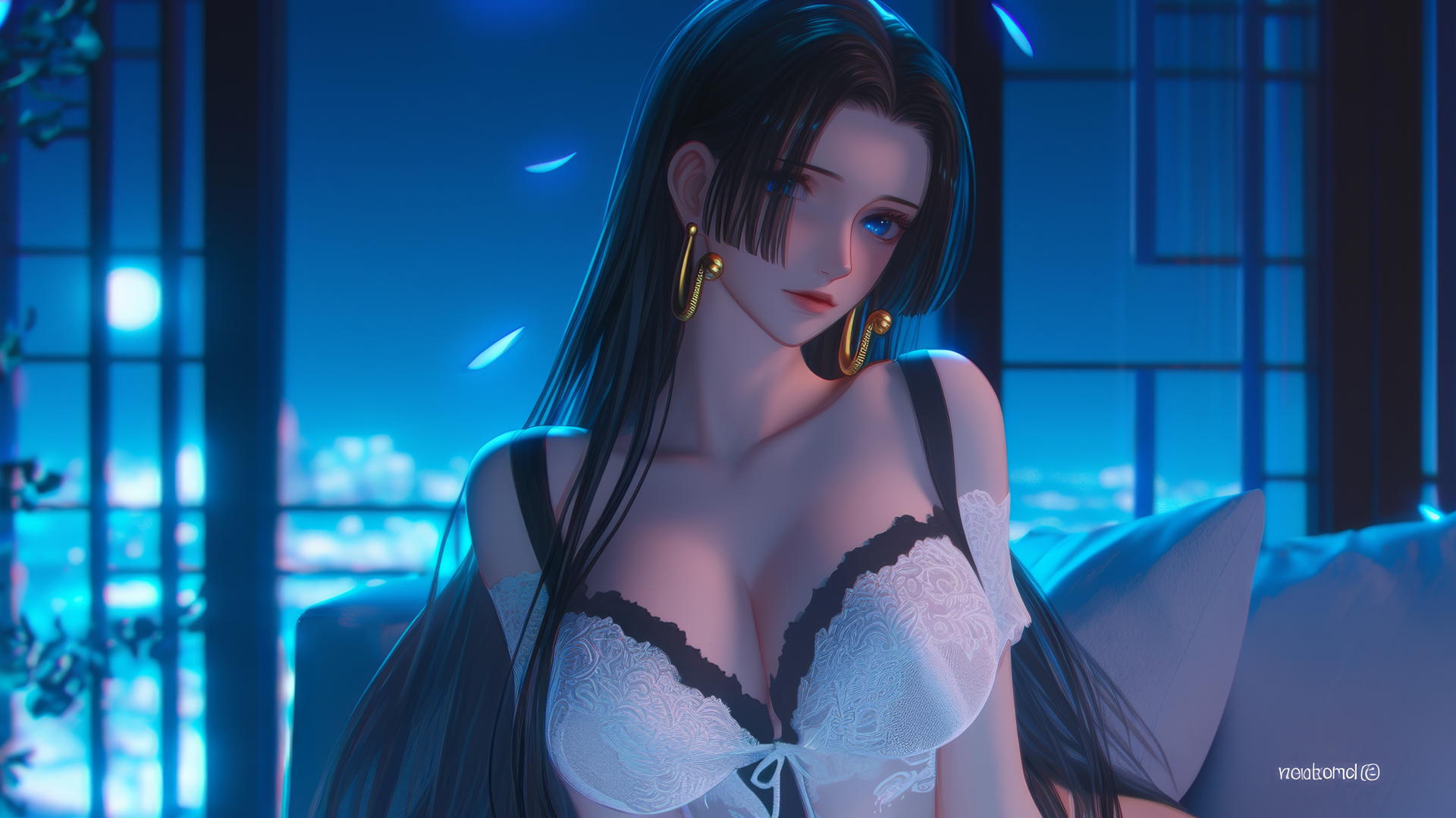 Boa Hancock chained in a hotel room with neon lights