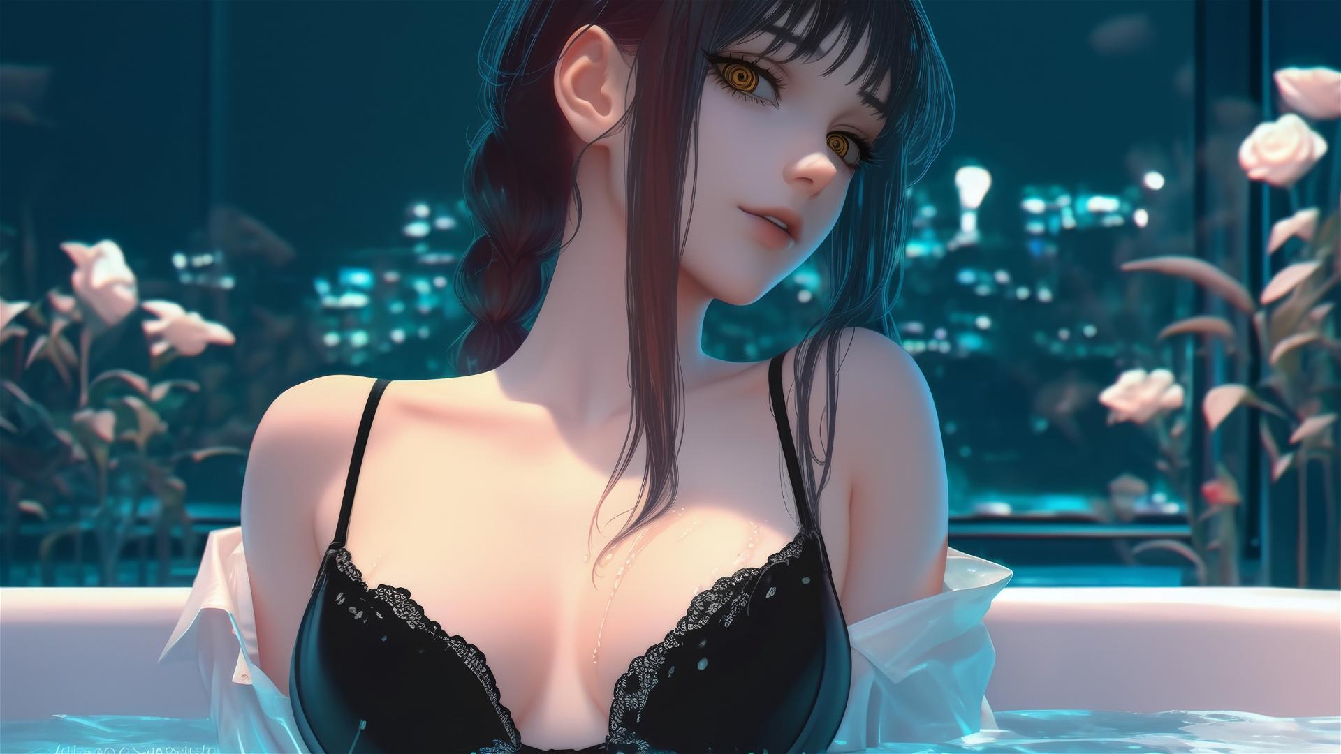 Makima from Chainsaw Man in a tub with moonlight casting a soft glow