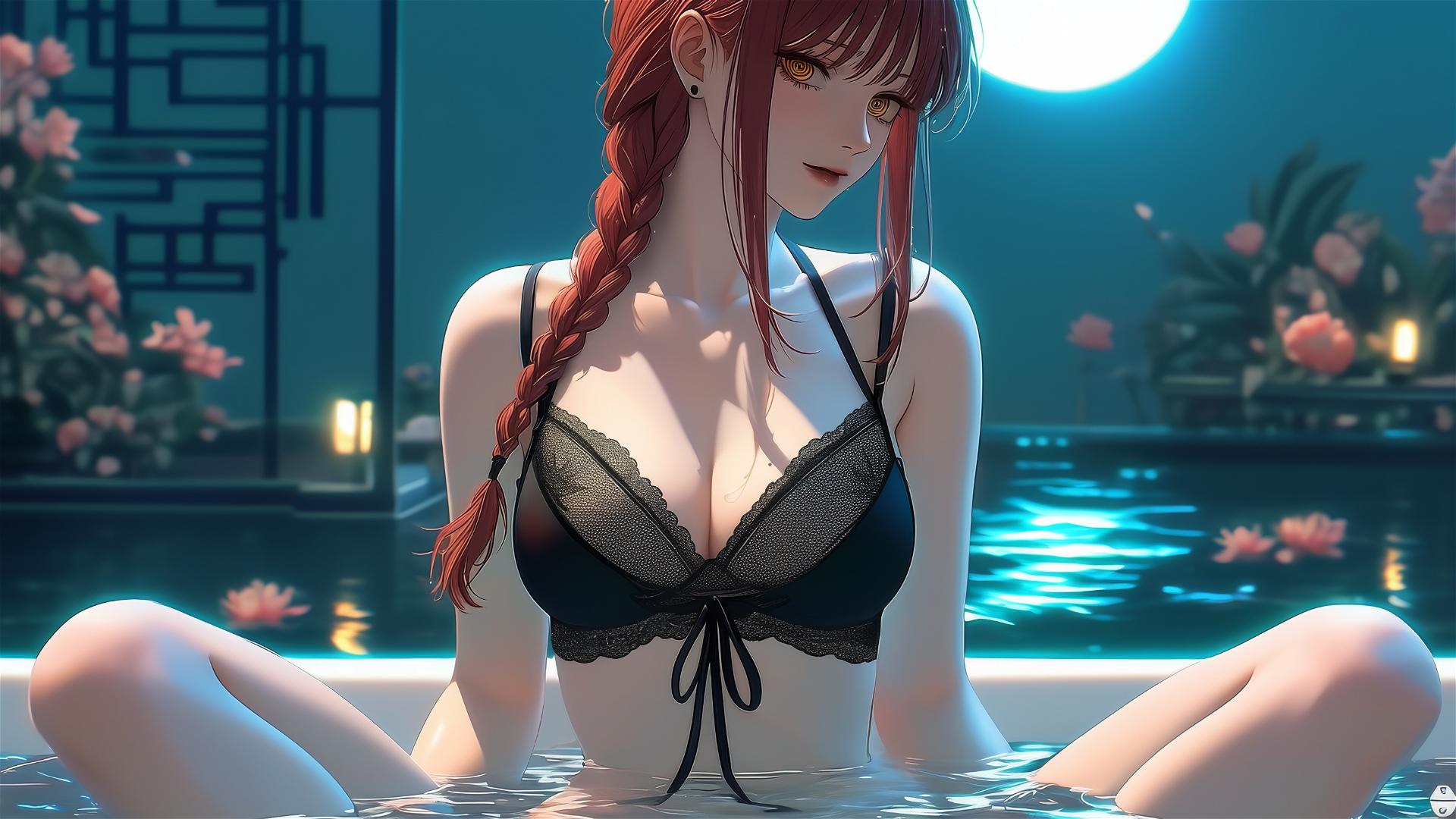 Makima from Chainsaw Man in a tub, illuminated by moonlight.