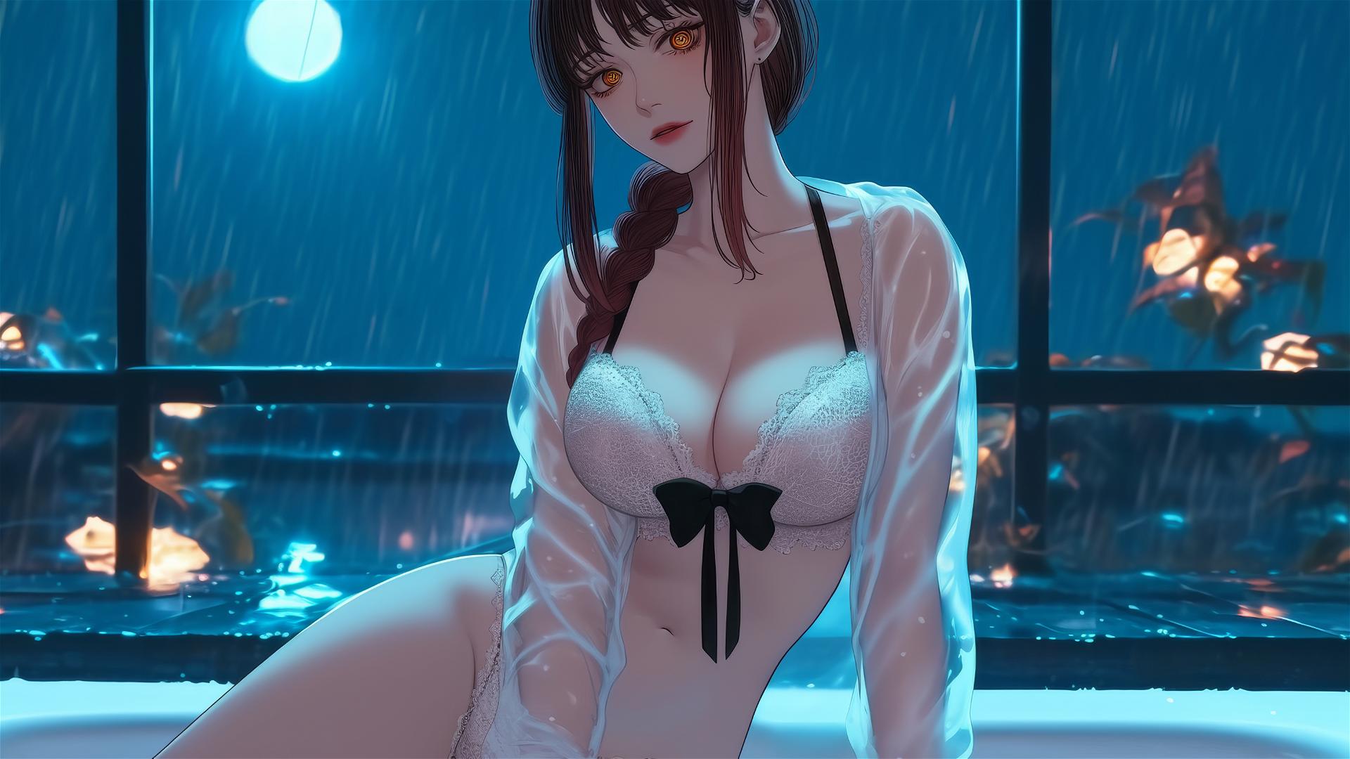 Makima from Chainsaw Man in a tub, moonlight casting a soft glow
