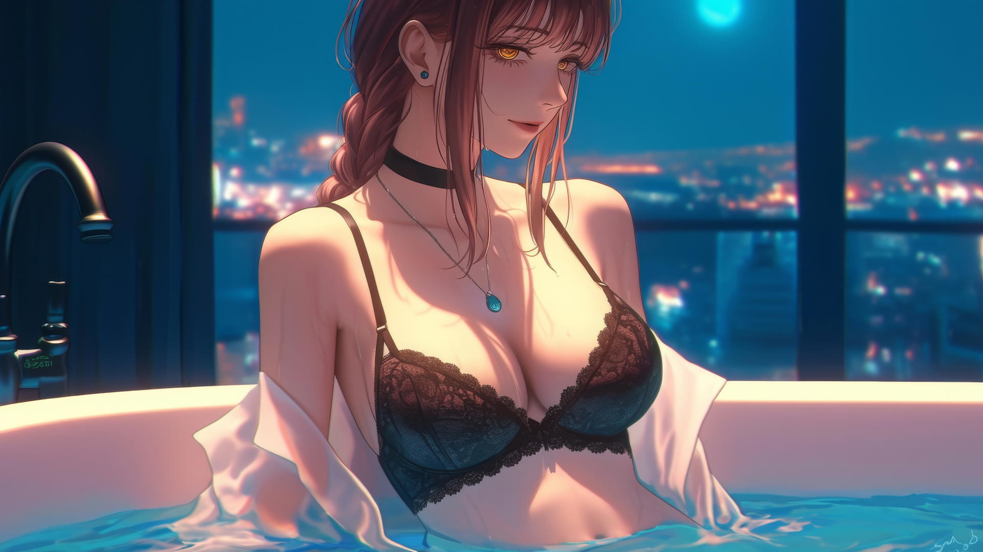 Makima from Chainsaw Man in a tub, illuminated by moonlight
