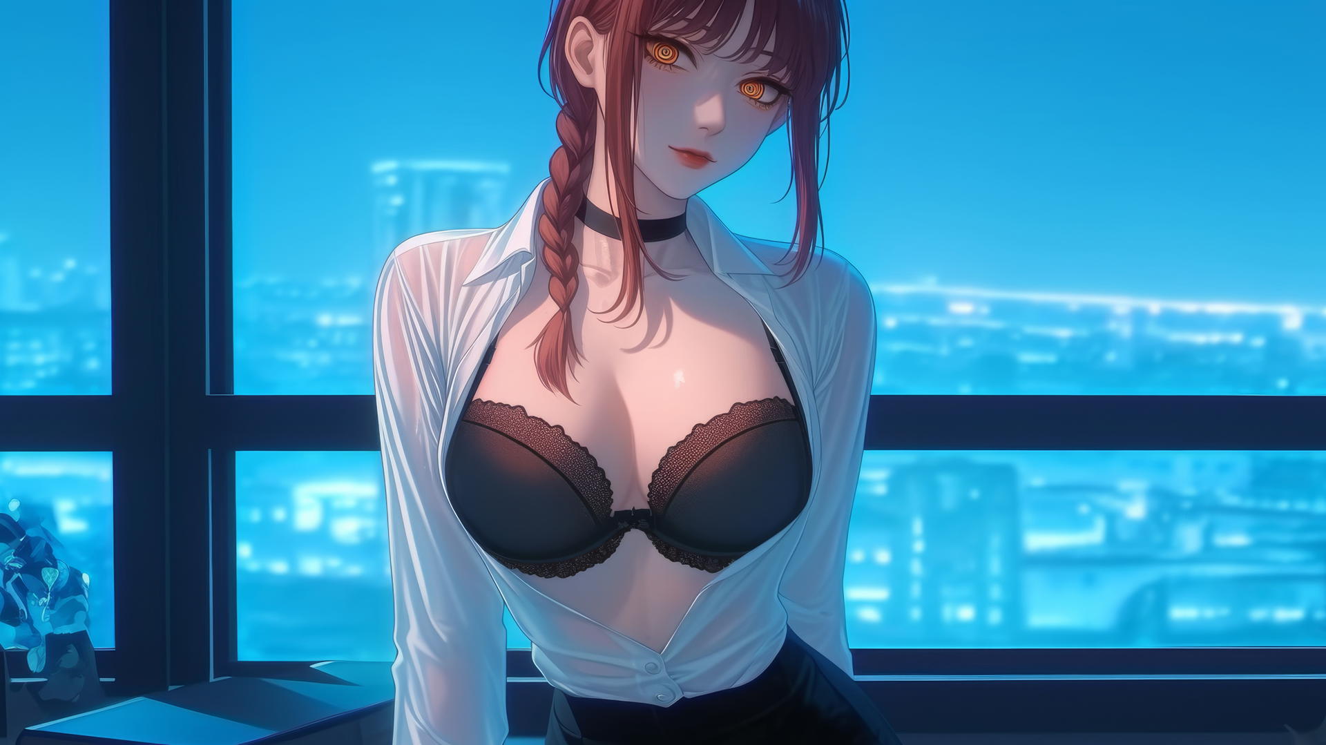 Makima from Chainsaw Man in modern office, bathed in moonlight