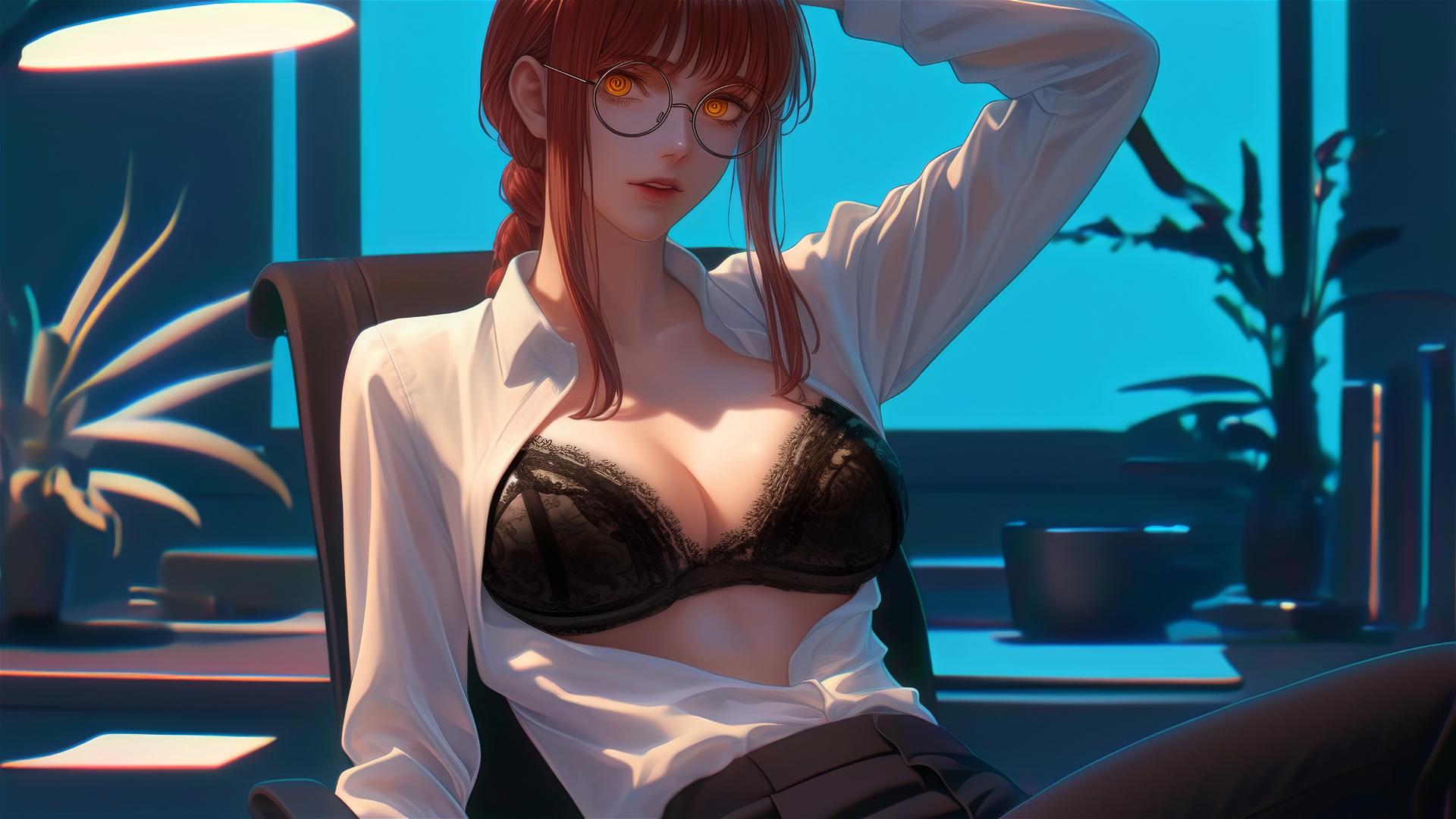 Makima with reddish hair in a modern office, moonlight glowing on her