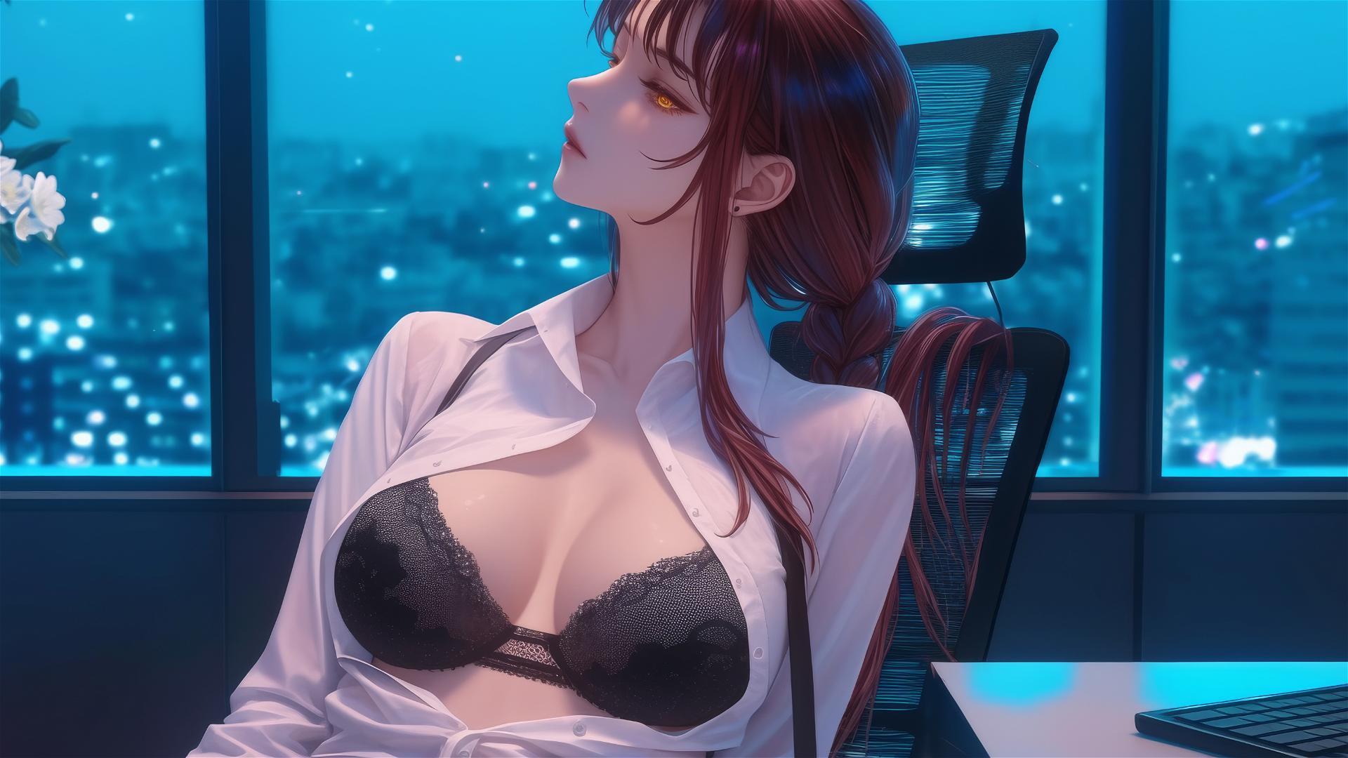 Makima from Chainsaw Man relaxing in a modern office under moonlight