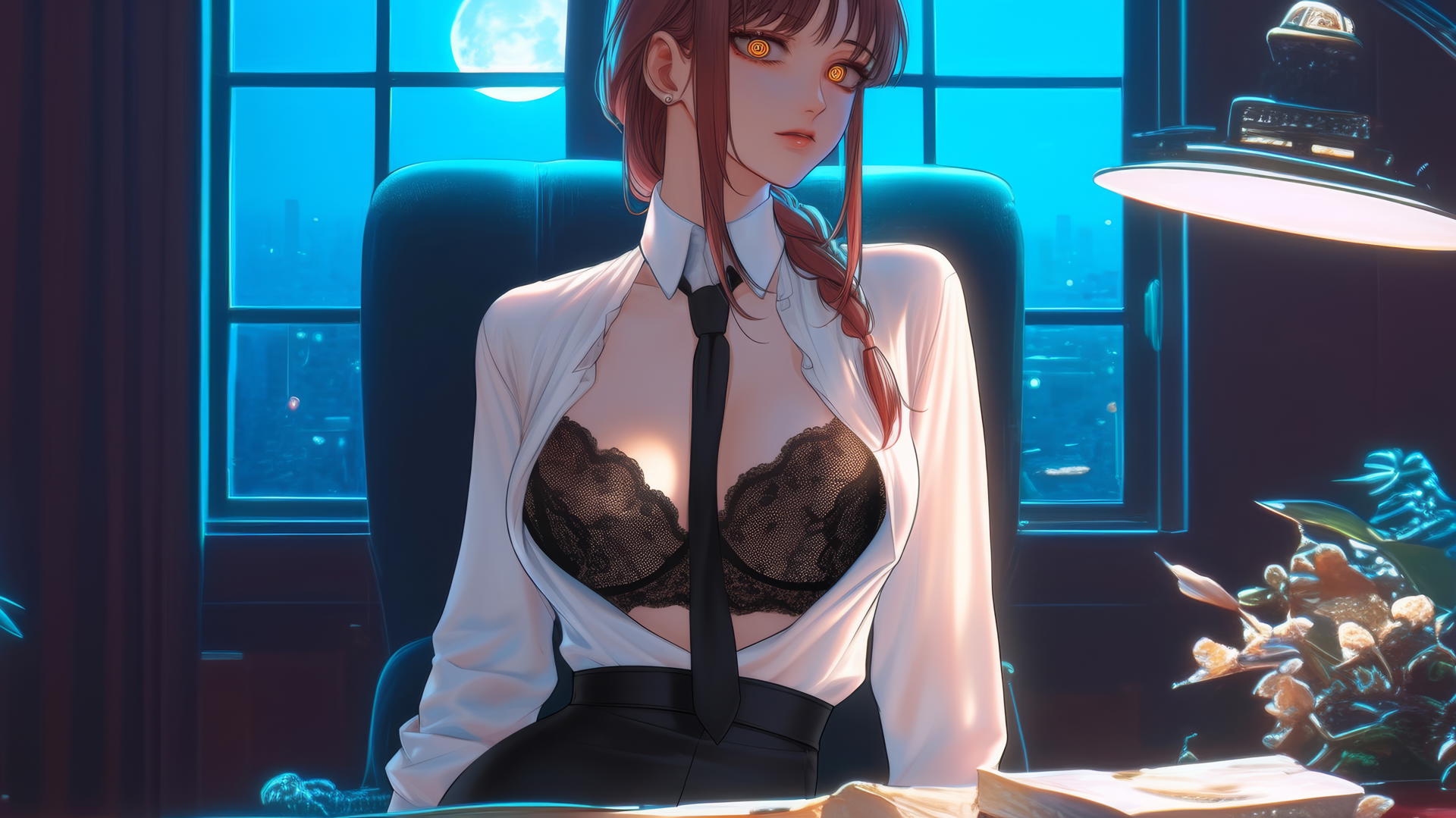 Makima from Chainsaw Man relaxing in a modern office, bathed in moonlight.