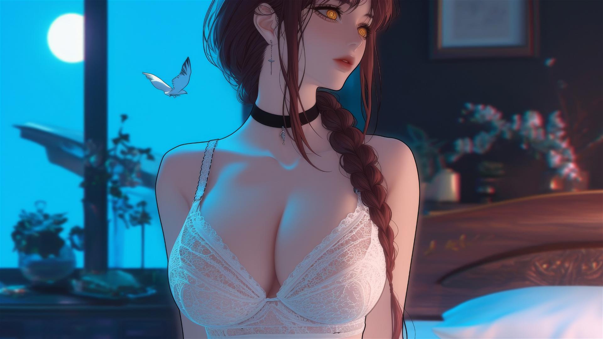 Makima from Chainsaw Man in a bedroom, softly lit by moonlight