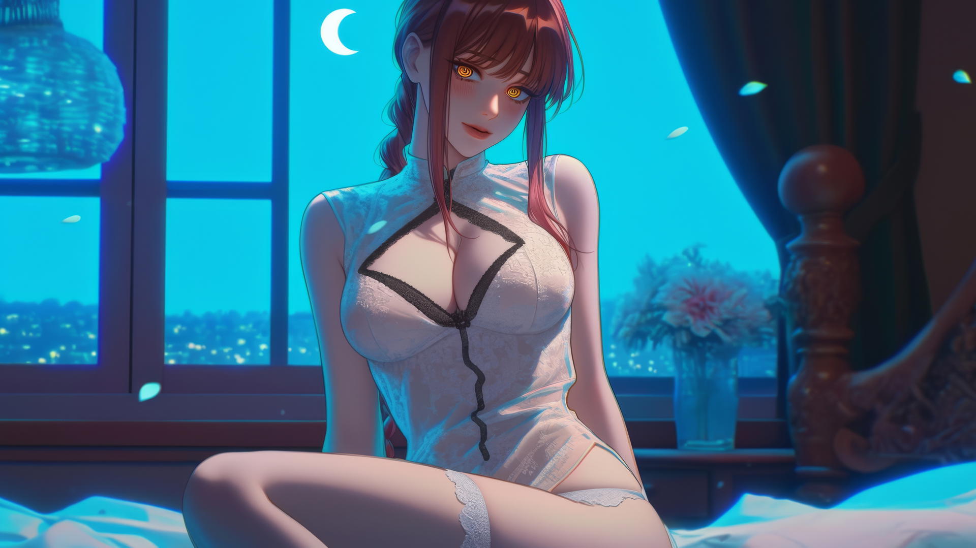 Makima from Chainsaw Man in a bedroom, moonlight softly illuminating her.