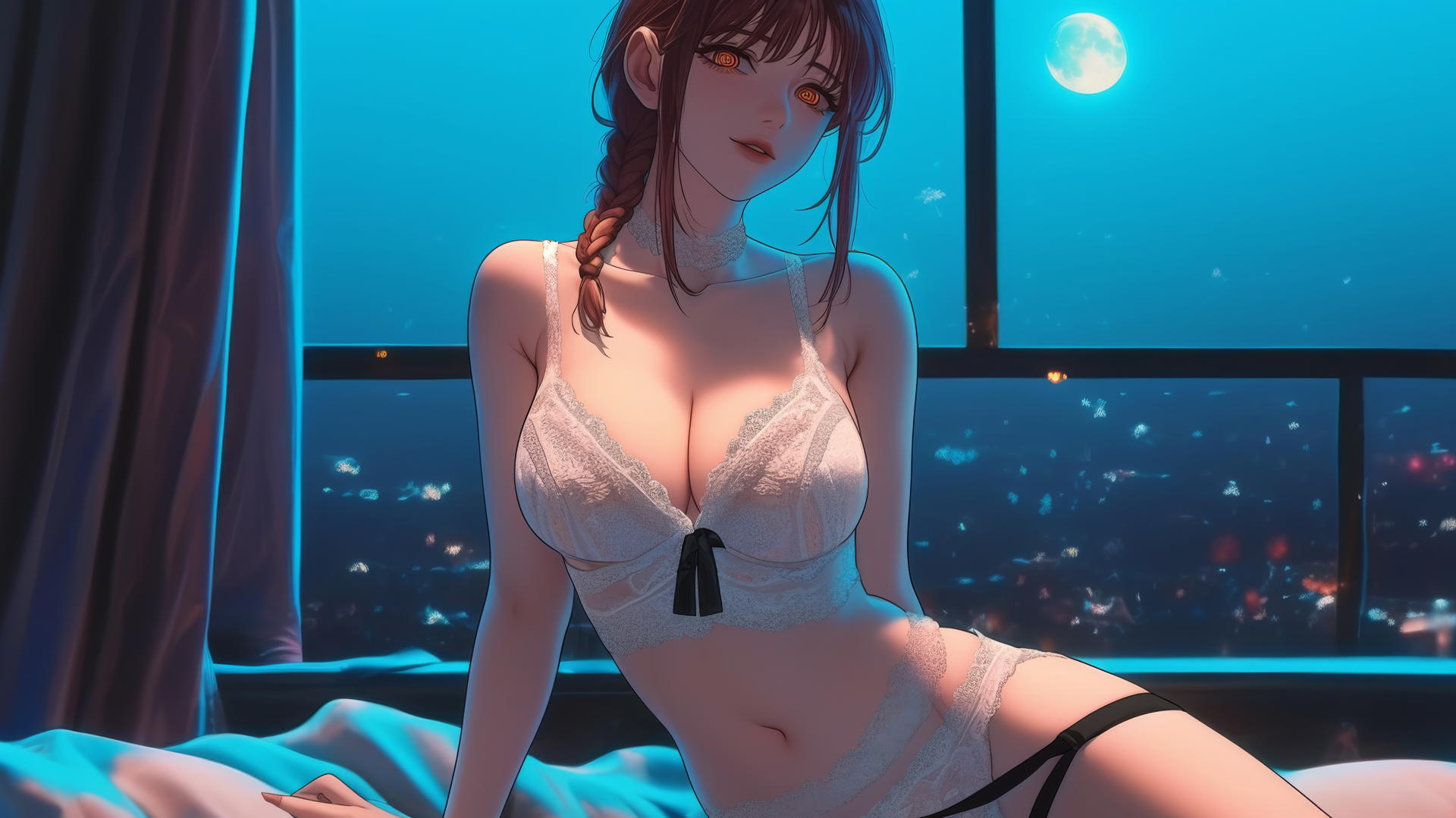 Makima from Chainsaw Man in her room, with moonlight casting a soft glow.