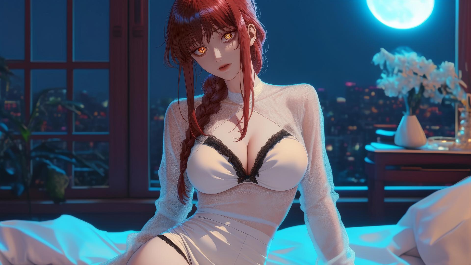 Makima from Chainsaw Man in her room with moonlight casting a soft glow.