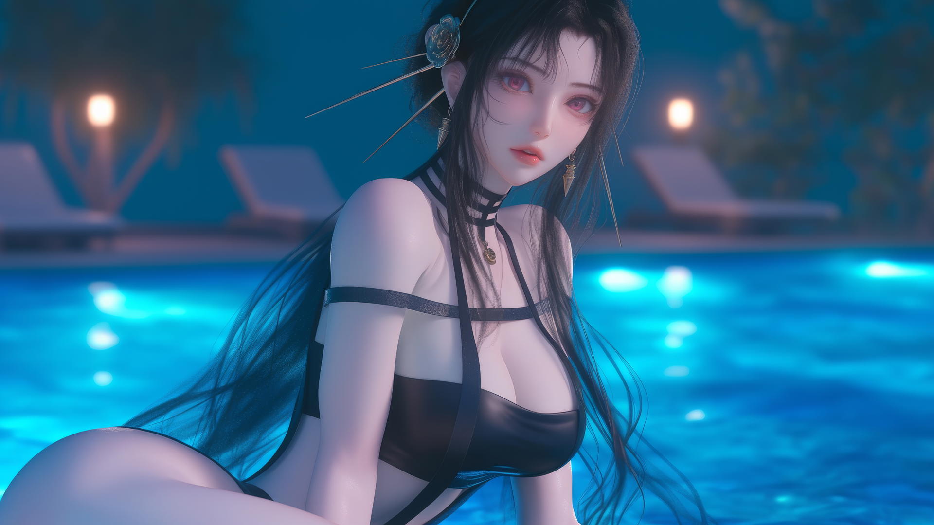 Yor Forger from Spy x Family sits by a rainy pool under moonlight, thigh focus