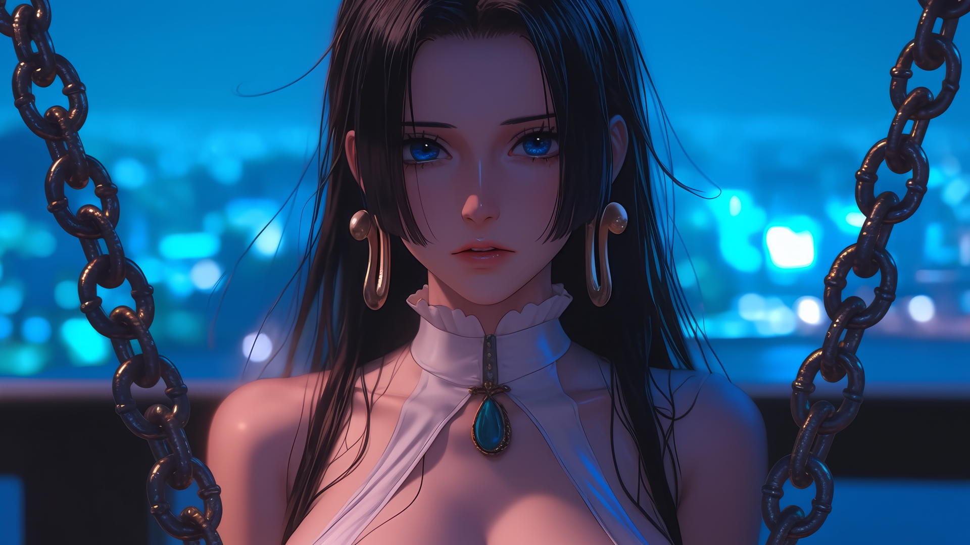 Boa Hancock from One Piece, chained in a modern hotel room with warm light