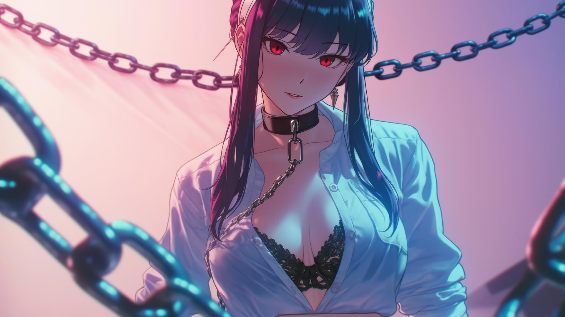 Yor Forger in chains with neon light in hotel room
