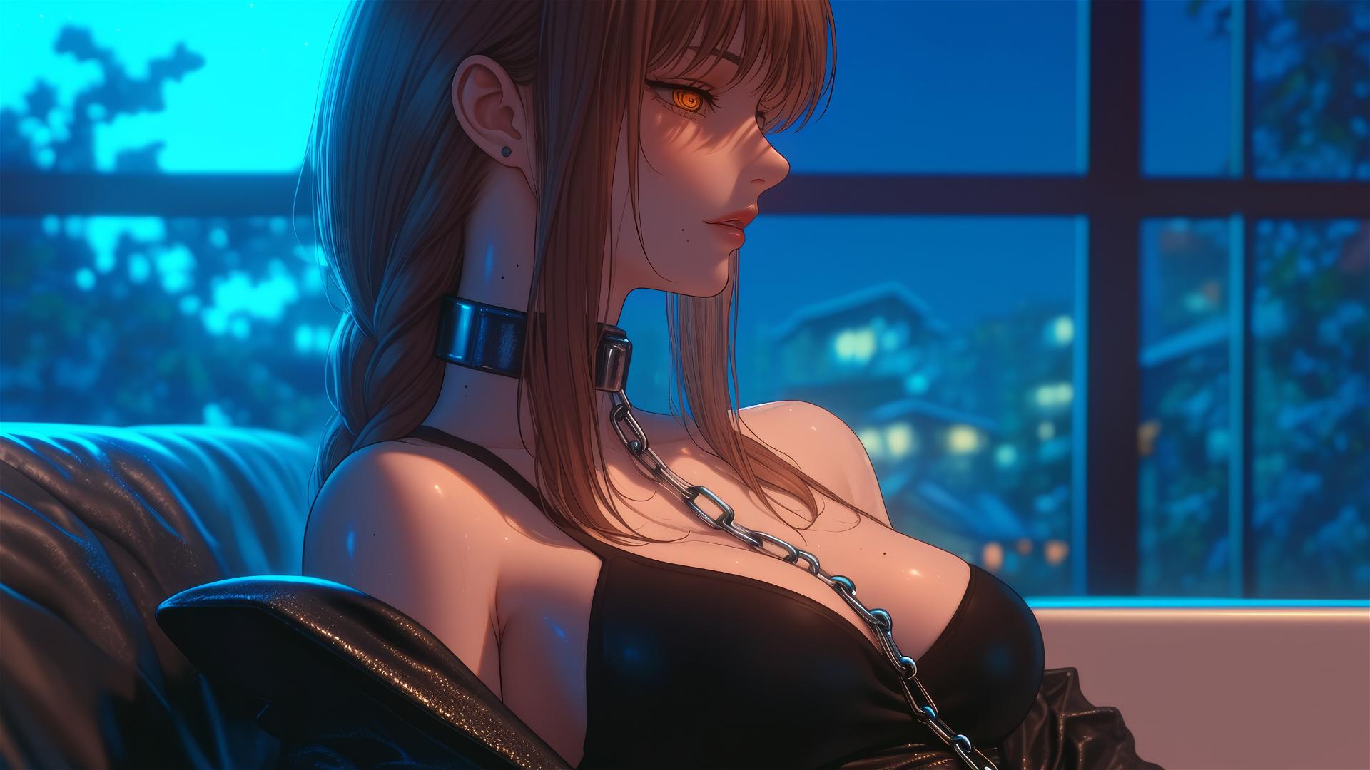Makima resting in tub under moonlight with chains