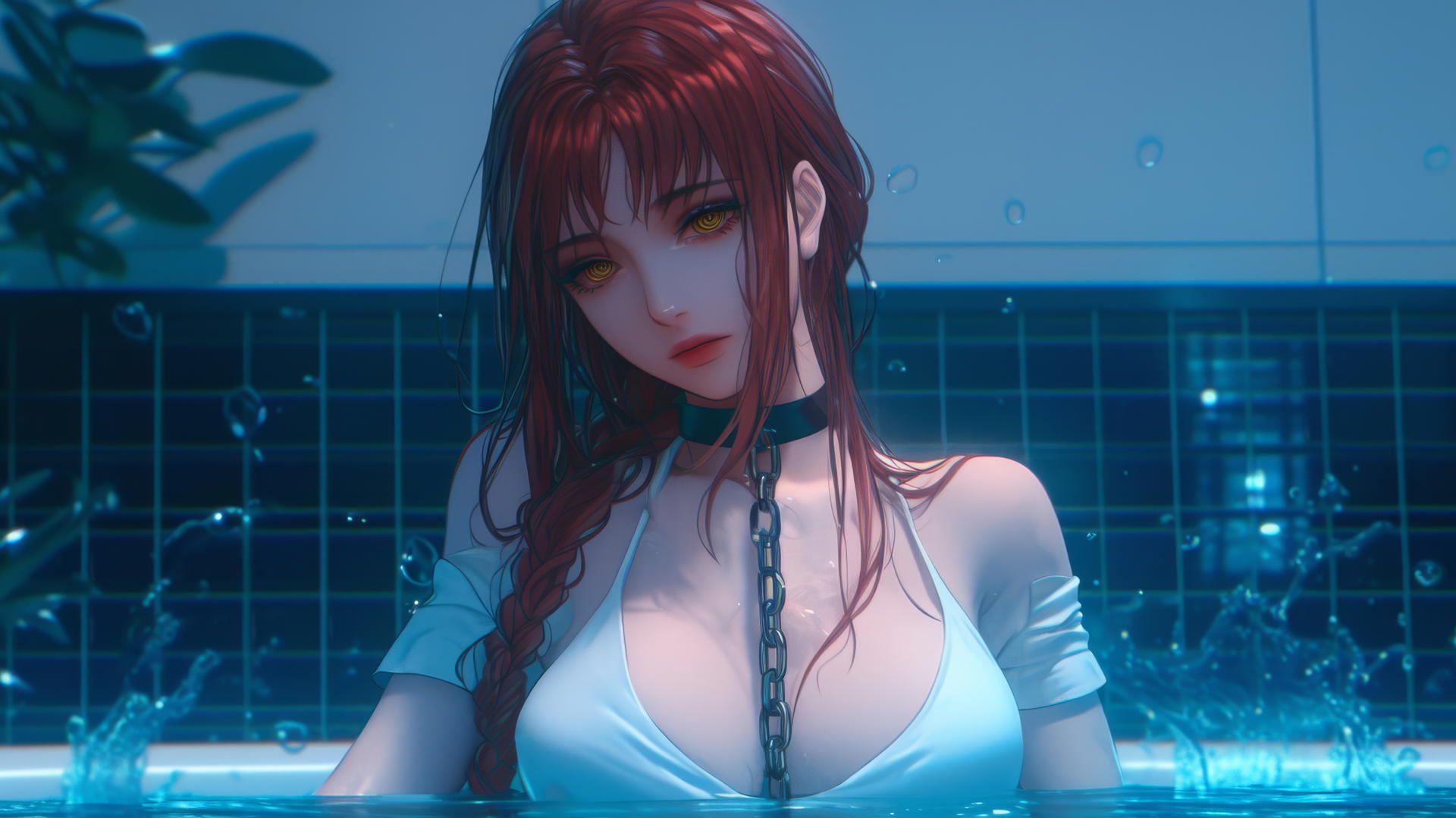 Makima from Chainsaw Man, chained and resting in a bathtub under moonlight