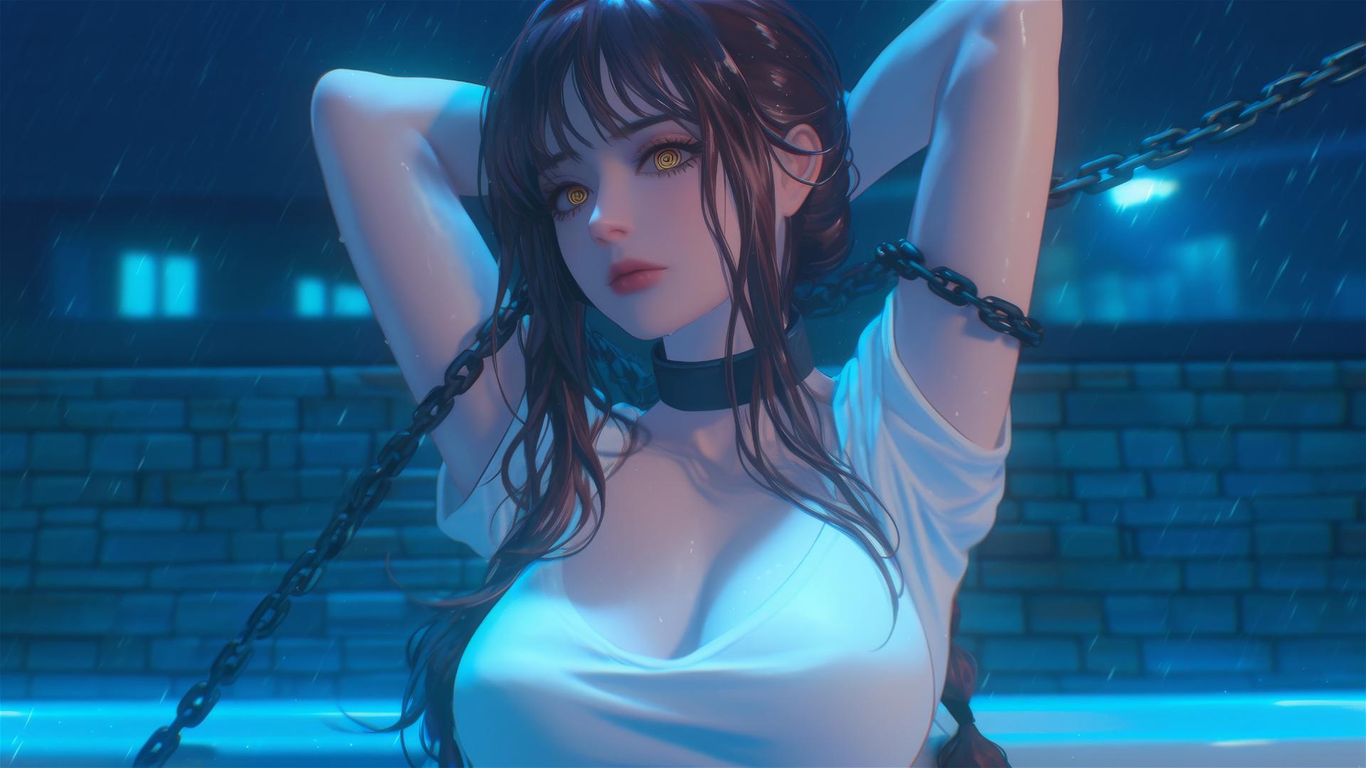 Makima from Chainsaw Man resting in a tub under moonlight, locked with iron chains