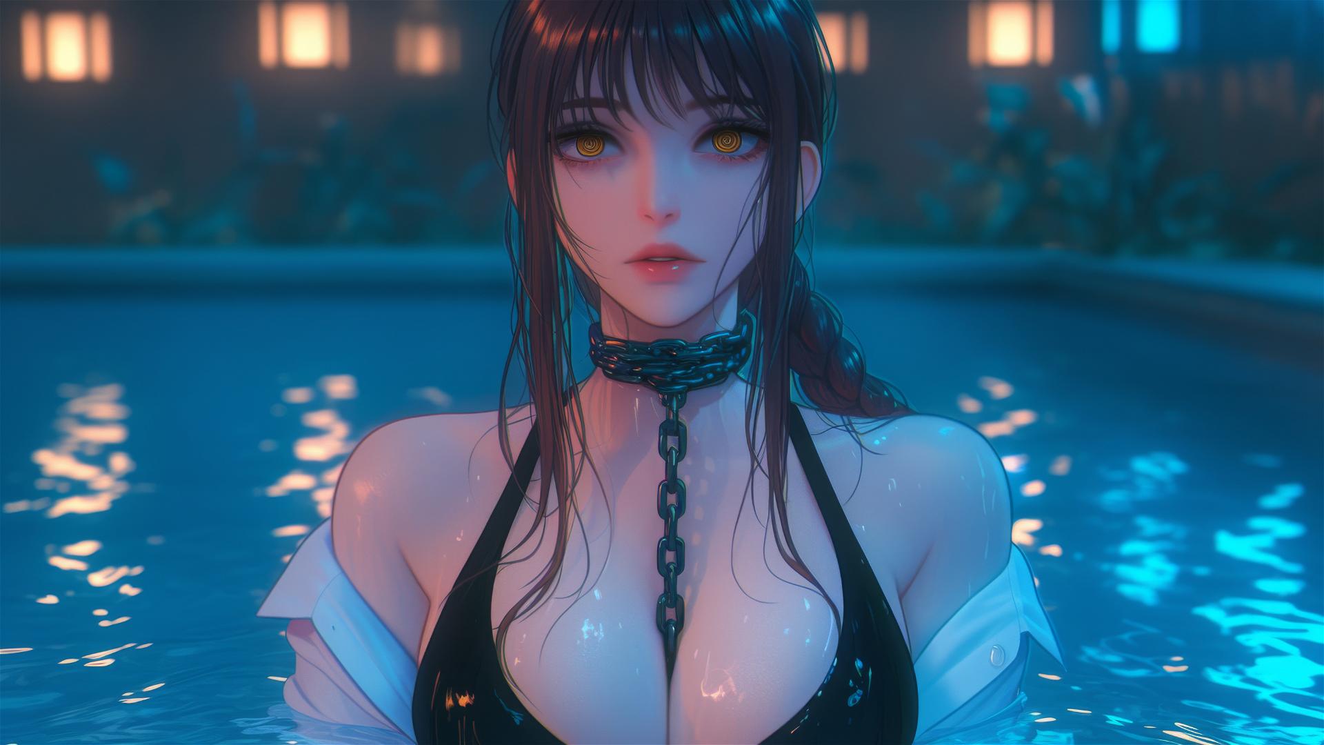 Makima with iron chains resting in a tub under moonlight glow