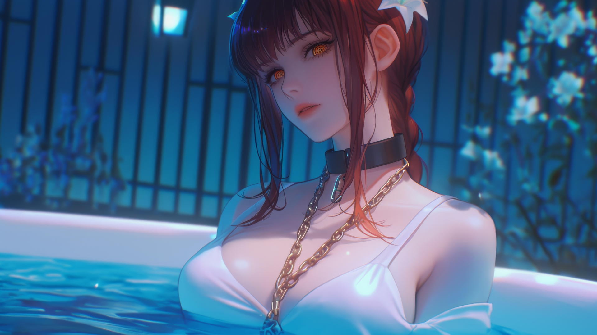 Makima from Chainsaw Man in chains, resting in a tub illuminated by moonlight.