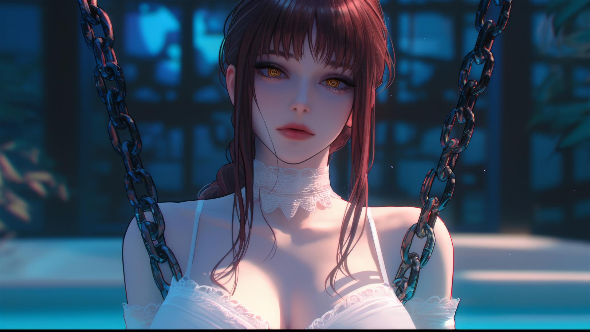 Makima from Chainsaw Man, chained in a bathtub, bathed in moonlight