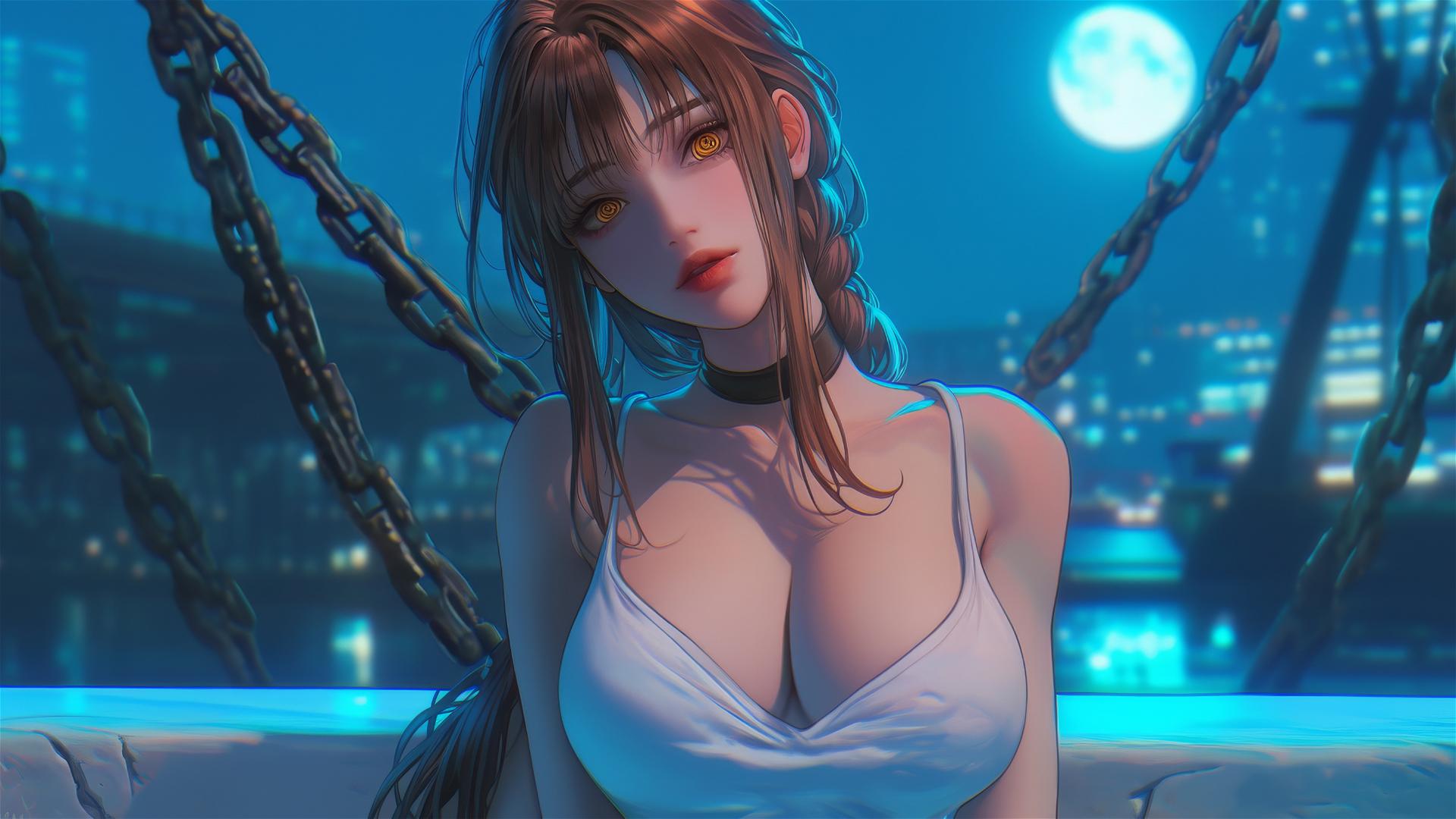 Makima from Chainsaw Man resting in a tub with iron chains