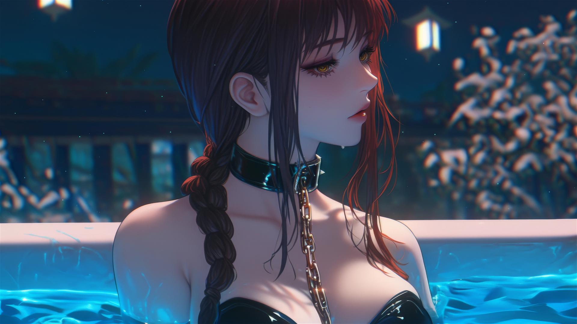 Makima from Chainsaw Man lying in a tub, chained by the neck, under moonlight