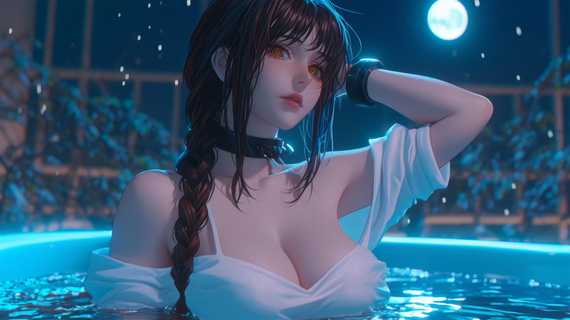 Makima, Chainsaw Man character, resting in a tub with moonlit glow