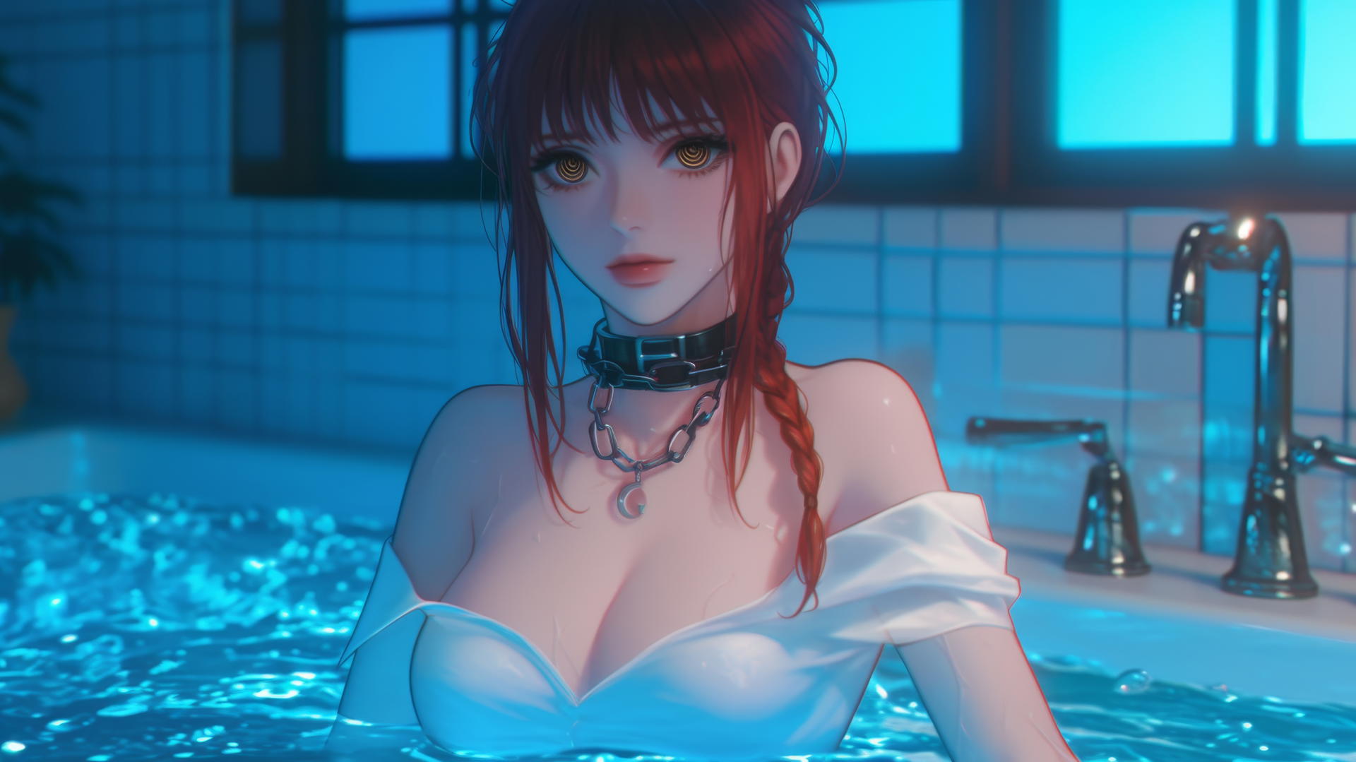 Makima from Chainsaw Man resting in a tub with moonlit chains