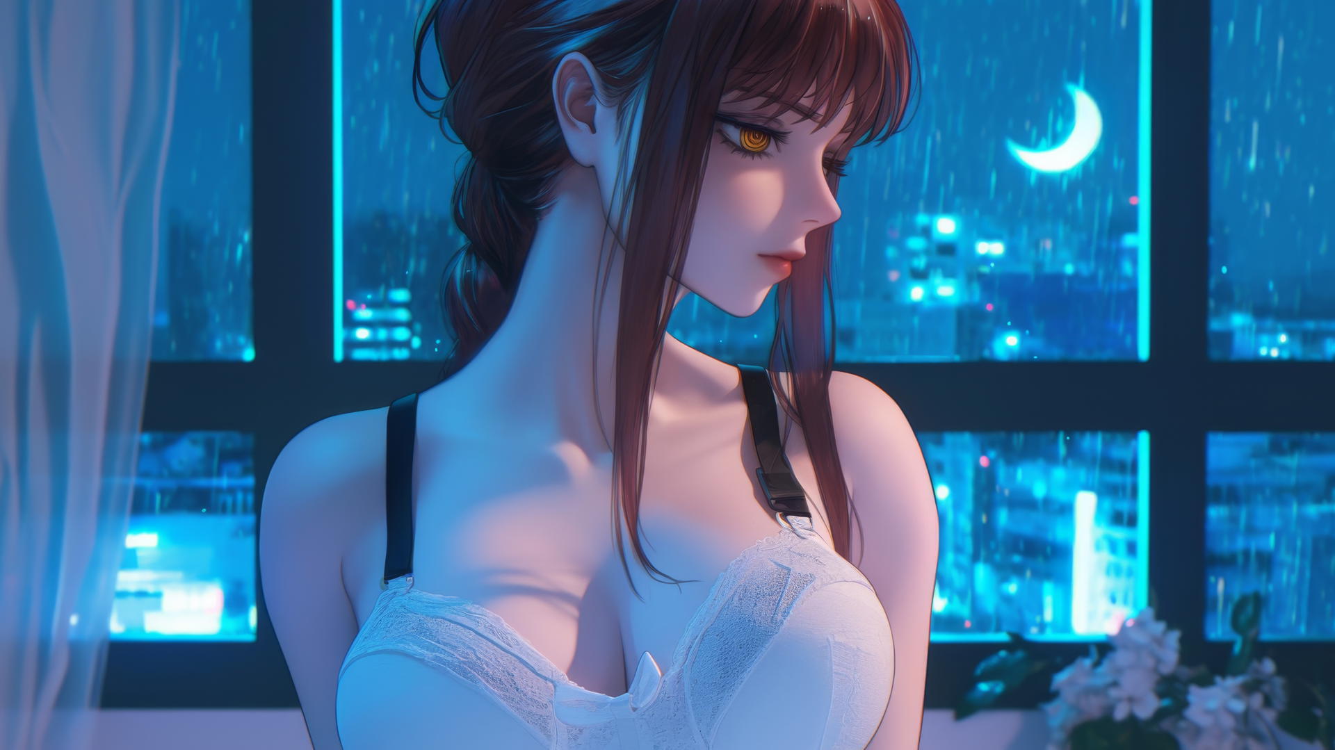 Makima from Chainsaw Man in her room under moonlight with an ambiguous posture