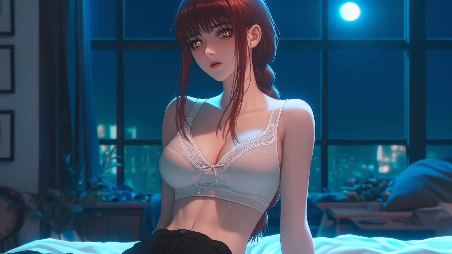 Makima from Chainsaw Man in her room with moonlight highlighting her beauty.